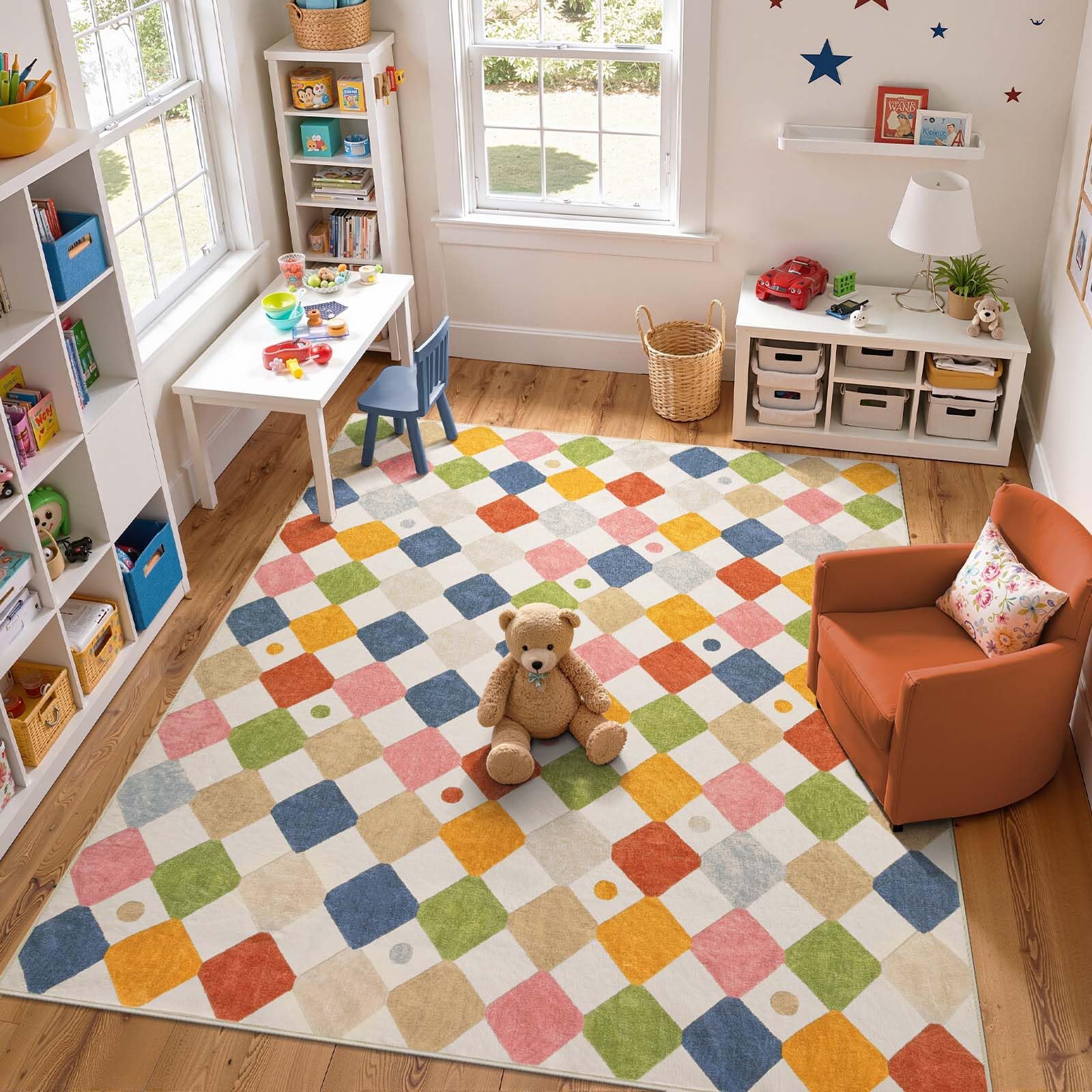 jinchan Area Rug 8x10 Kids Washable Rug Indoor Floor Cover Non Slip Modern Soft Rug Living Room Diamond Carpet for Classroom Nursery Playroom Bedroom Circus on Cream