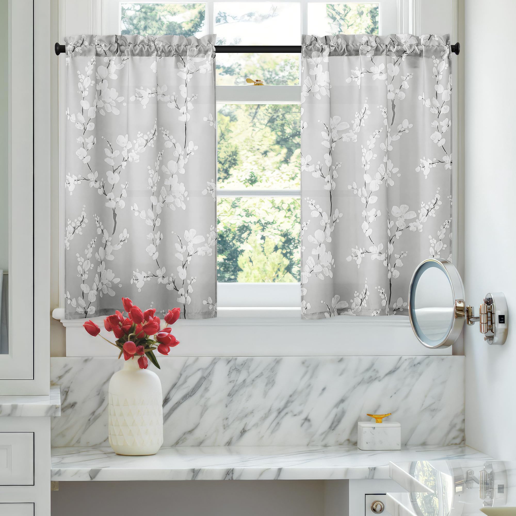 FMFUNCTEX Blossom Printed Tiers Kitchen Curtains 24 Inch Length Grey White Small Window Curtains for Bathroom Laundry Room Basement Rod Pocket Modern
