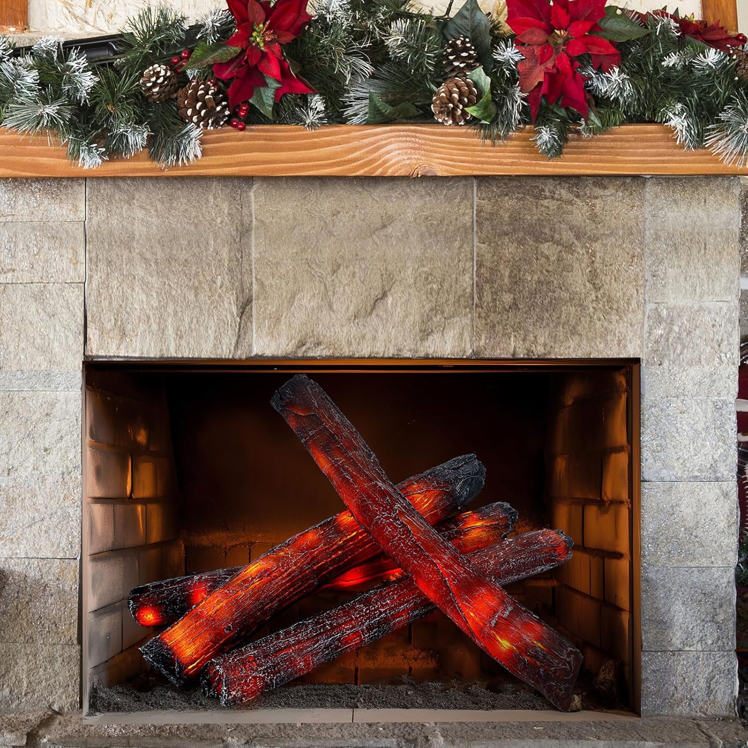 Tuanse 4 Pcs 16 in Flameless Fake Fire Log Light Realistic Fireflame Camping Decoration Flameless LED Light Gas Logs for Indoor/Outdoor Gas Fire Pits, Fireplace Home Winter Party Decor 15.75 in 4