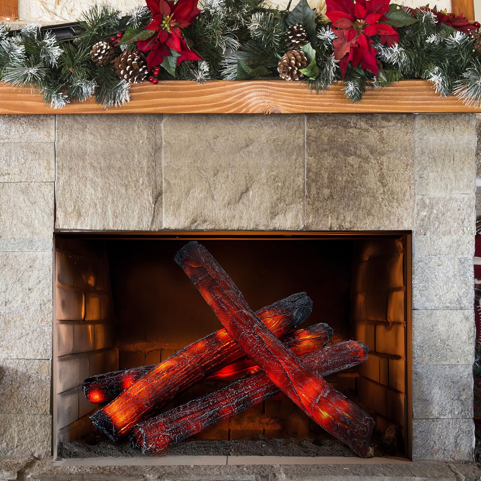 Luz de leña falsa LED para chimenea sin llama artificial y decoración de invierno, 4 piezas