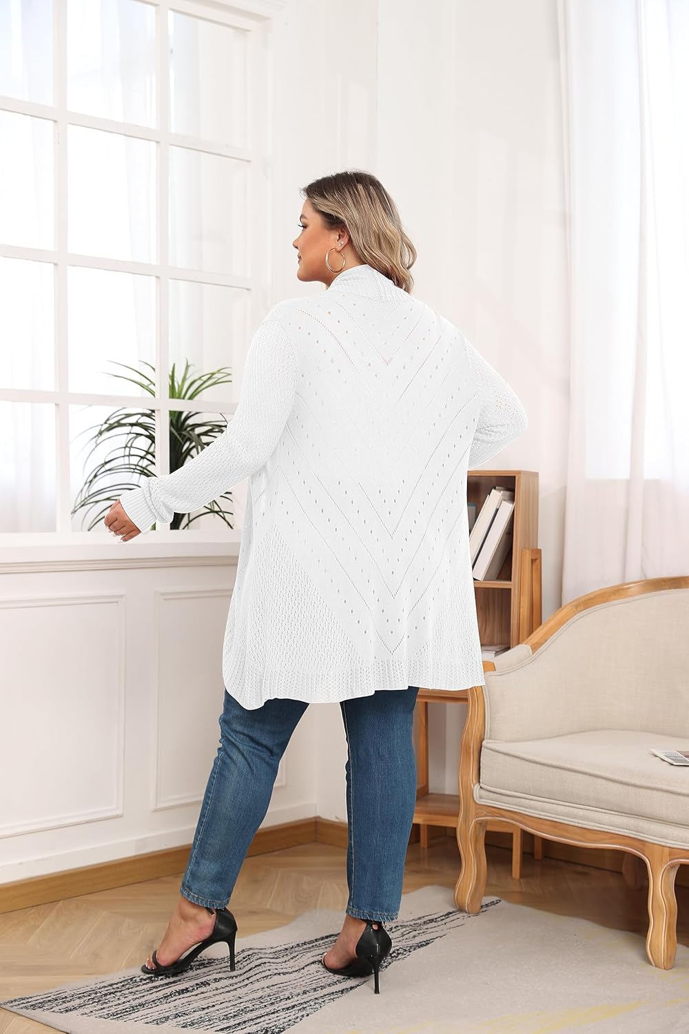 TIANZHU Plus Size Lightweight Long Crochet Cardigan for Women Open Front Knit Cardigan Sweaters Casual Loose Coat - Image 3