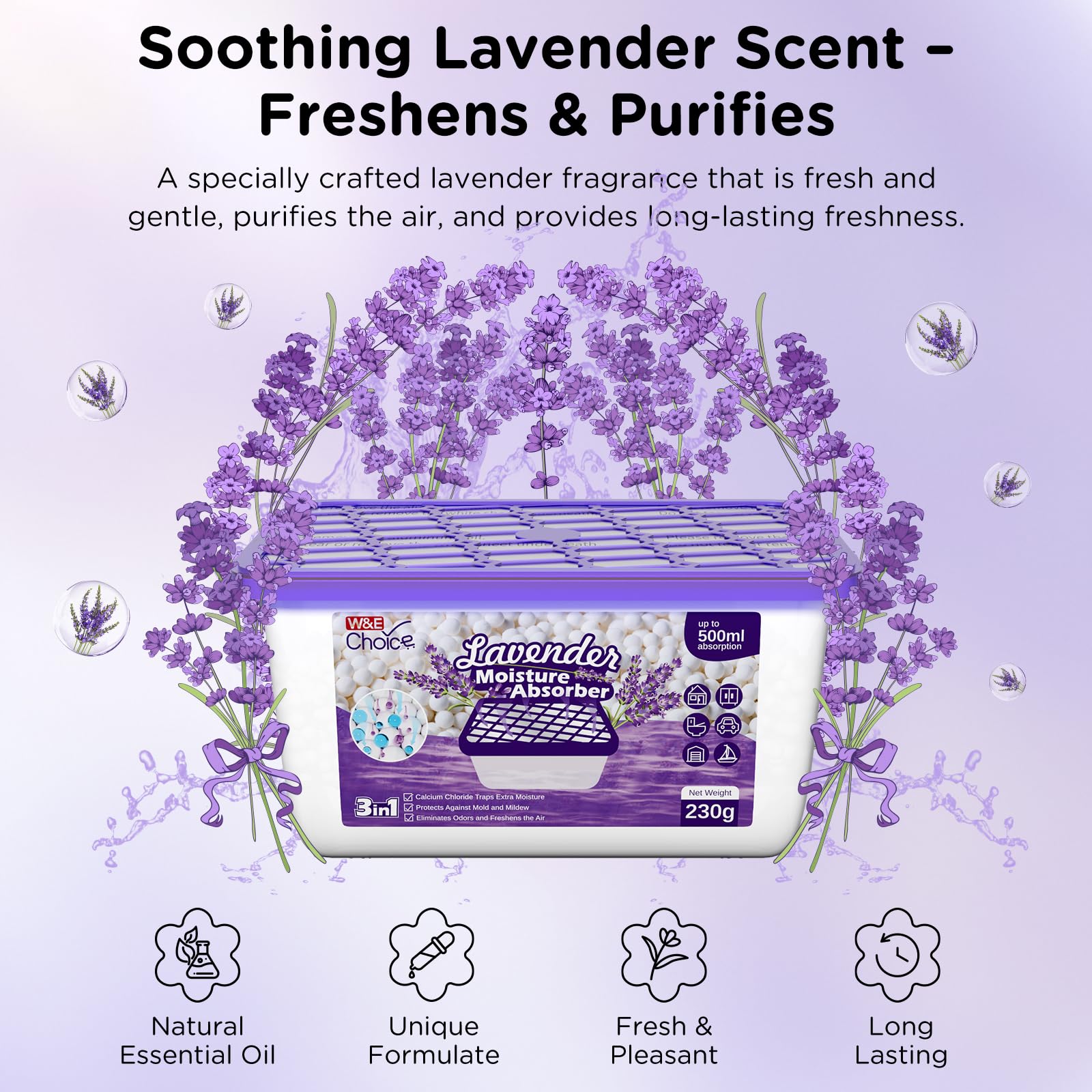 W&E Choice Assorbitore di umidità, deumidificatore profumato alla lavanda, per la casa, scatole assorbitori di umidità portatili per bagno, armadio e auto, confezione da 12 pezzi