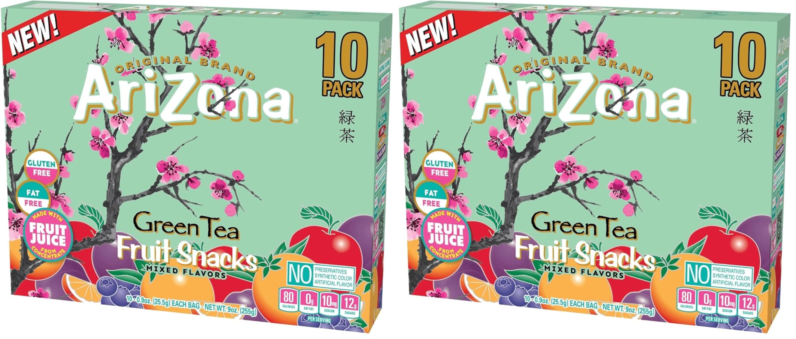 AriZonaIced Tea Fruit Snacks, Green Tea - 0.9 oz, 10 count Box (Pack of 2)