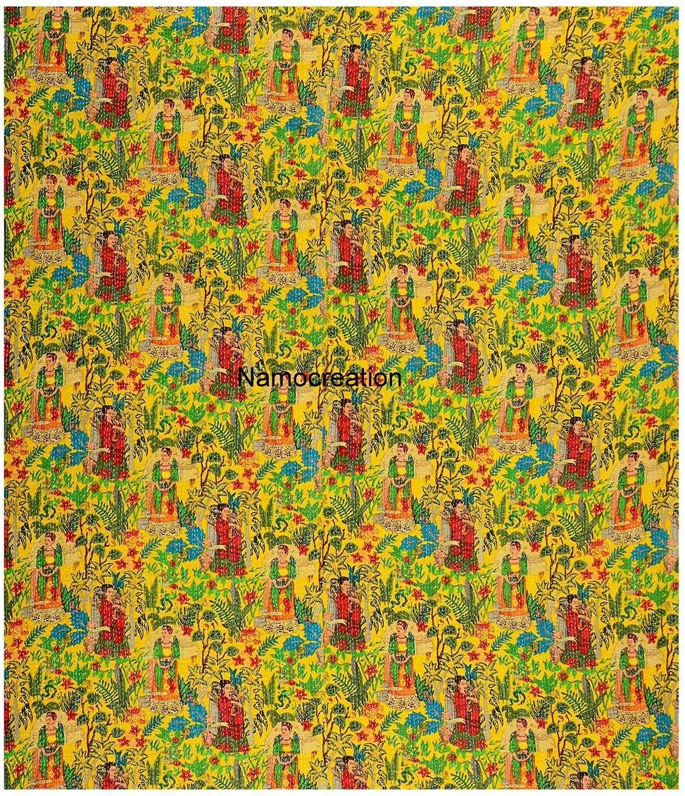Cotton Flower Print Kantha Quilt Handmade Handblock Sofa Cover Bohemian Bedspread Reversible Throw Blanket California King/Queen/Twin Size (Yellow, 60X90 Inches)
