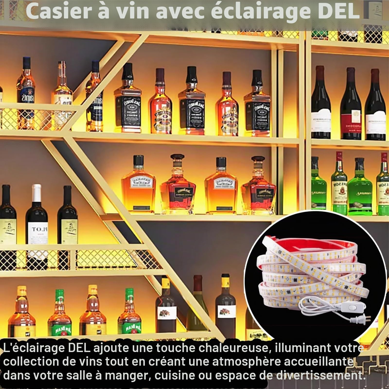 Bar Mural avec Lumière LED, Casier Bouteille et vin, Support Bouteille pour Cuisine ou Cave À Vin