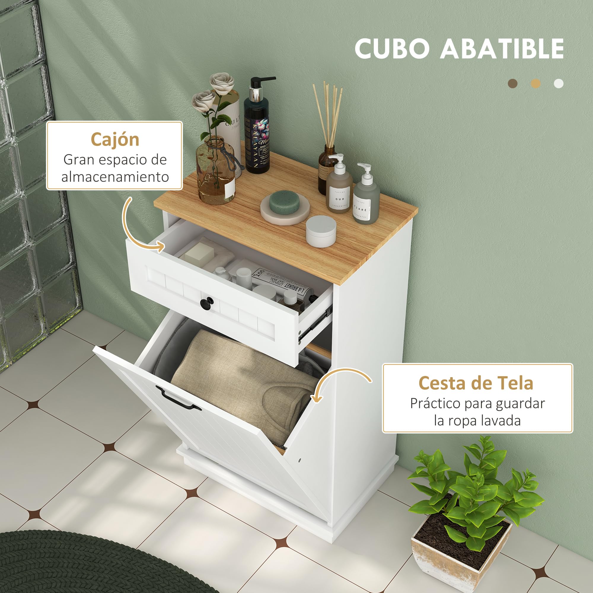 HOMCOM Mueble Auxiliar de Baño Cesto para Ropa Sucia Armario de Baño con Cajón y Diseño Anti-vuelco Mueble de Baño Moderno 52x33x90 cm Blanco