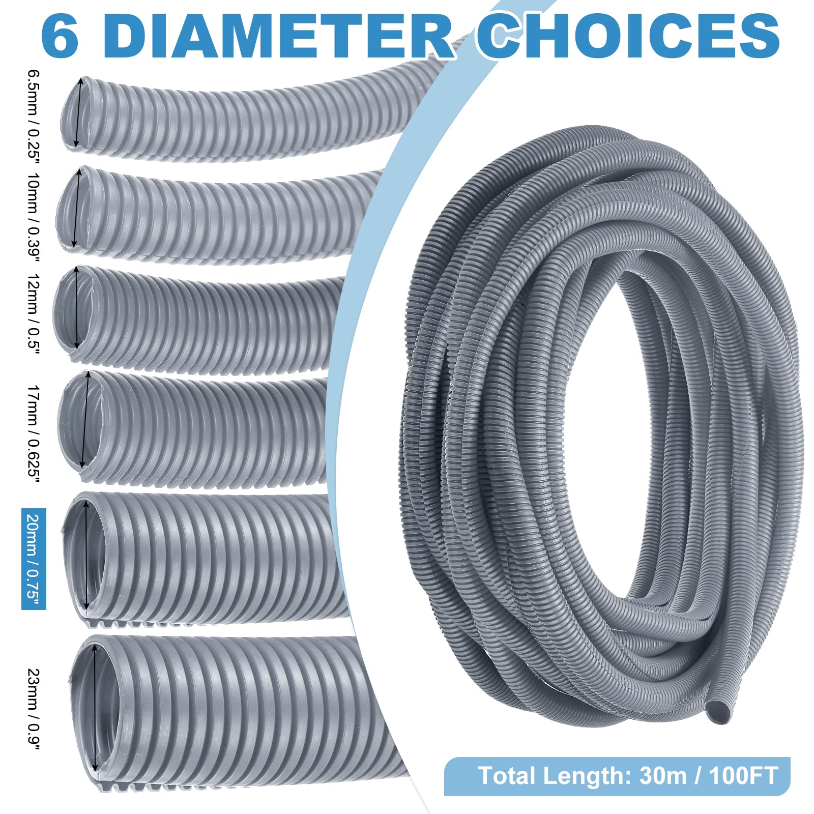 sourcing map Tubo per telaio a filo diviso, diametro interno 20 mm, lunghezza 30 m, resistente al calore e al freddo, in plastica, flessibile, protezione per cavi elettrici, grigio
