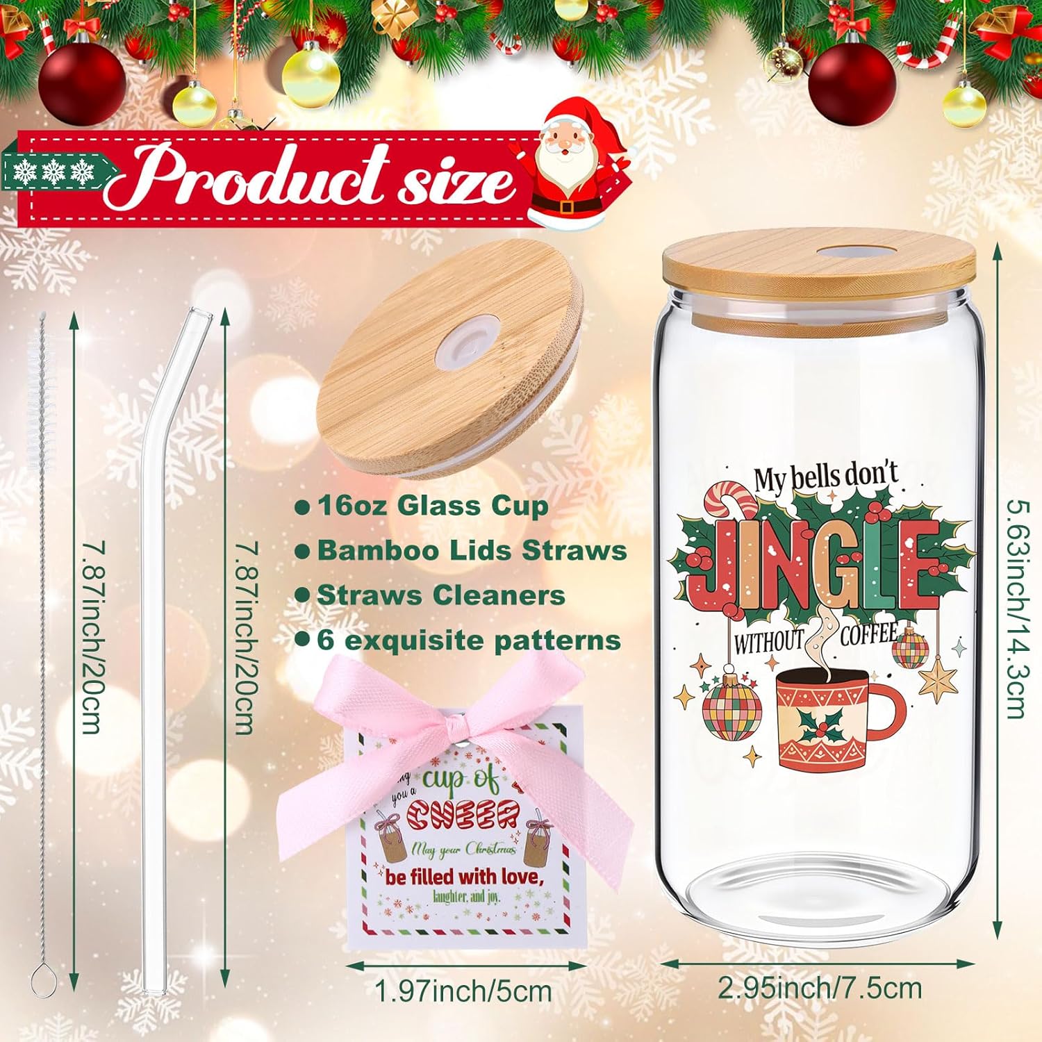 LemonRoad 6 Set 16 oz Clear Christmas Glass Cups with Bamboo Lids and Straws Beer Can Shaped Christmas Iced Coffee Glasses Tumblers with Appreciation Gift Cards and Pink Ribbons for Teacher Coworker - Image 2
