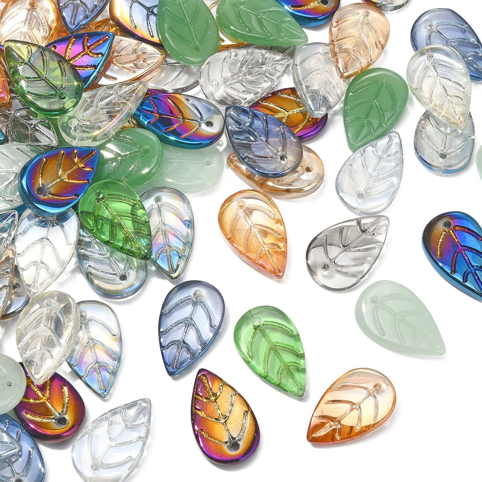 KitBeads 100pcs Random Glass Leaf Charms - Colorful Leaf Shape Lampwork Charm Beads for Jewelry Making - Bulk