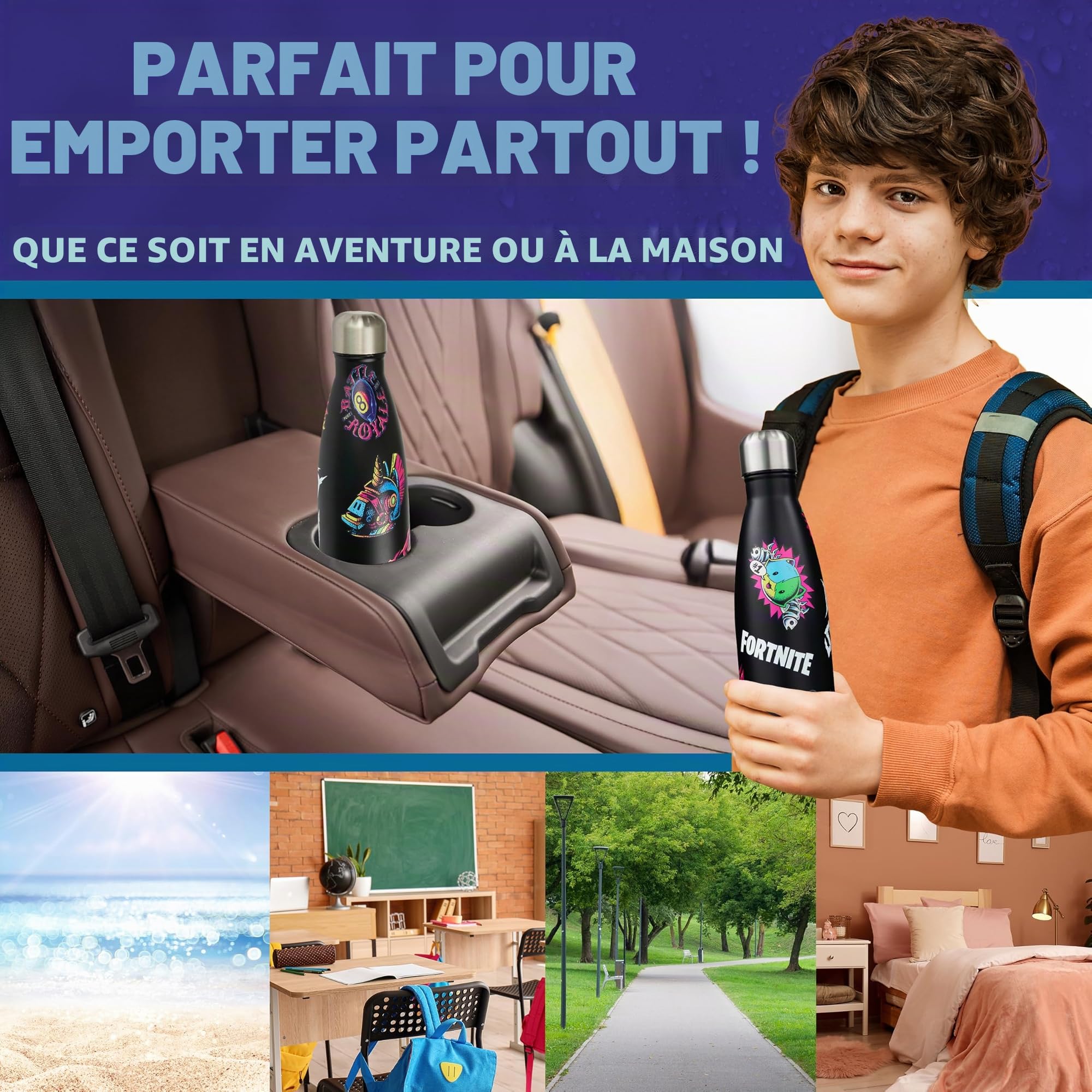 Fortnite Gourde Isotherme 500ml Ado et Adulte, Bouteille Isotherme en Acier Inoxydable Double Paroi 24h Chaud Froid Sans BPA, Écologique, Cadeau Gamer (Noir Fortnite)