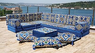8" Thickness Blue L Shaped Floor Sofas, Arabic Sofa Seating, Floor Pillow, Corner Floor Couch, Sectional Sofa Set, Patio Furniture, Arabic Majlis (L Sofa + Rug + Ottoman)
