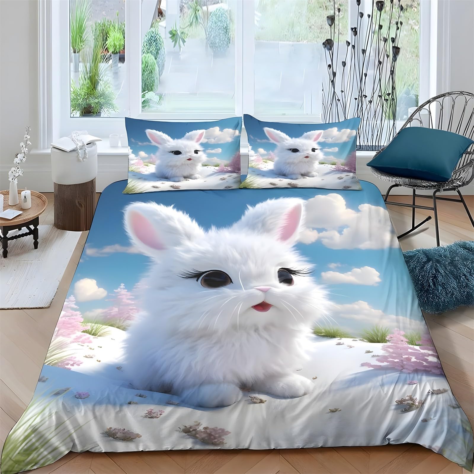 Ypthriline Small Single Duvet Cover Set White Rabbits Bedding Set Microfiber Blue Sky Duvet Covers with Pillowcases Reversible Bedding With Zipper Closure 120x150CM