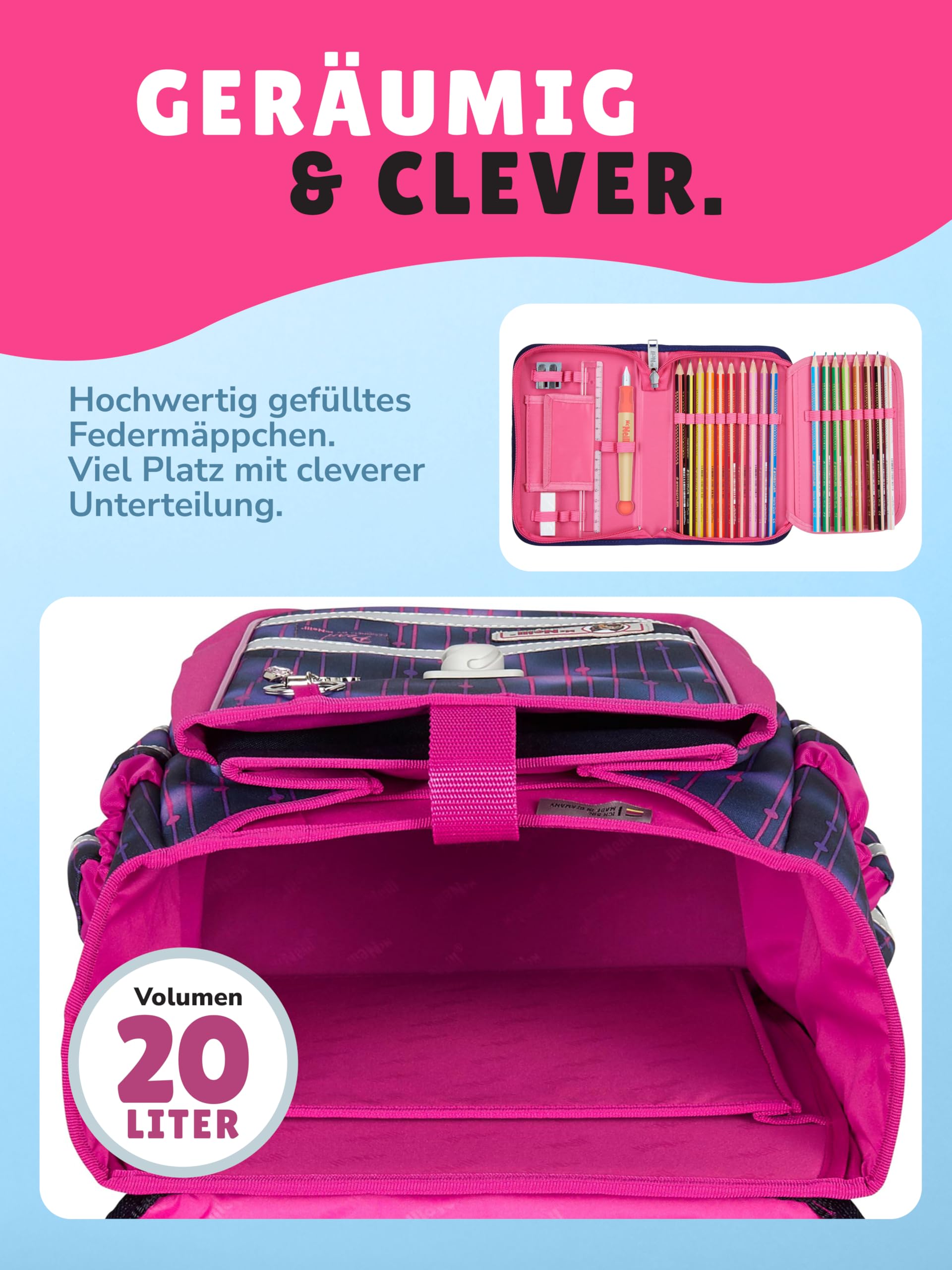 Familando - McNeill Ergo Complete Schulranzen Set - 10-teilig mit Schultüte - Pearl mit Herz Schloss - Ergonomisch & 3-Fach verstellbar - 1150g leicht mit 20L Volumen & Reflektoren - ab 1. Klasse