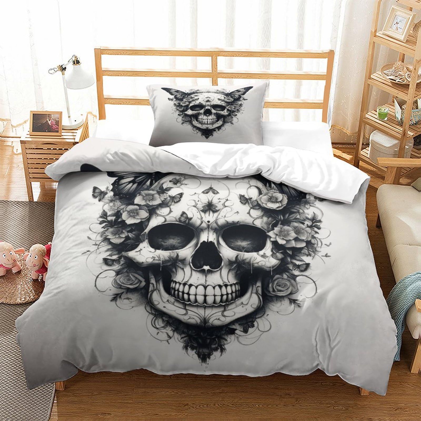 P1S9U7W5Y 3D Printed Skull Rose Duvet Cover Set 3pcs Microfiber Skeleton Bedding Set Single