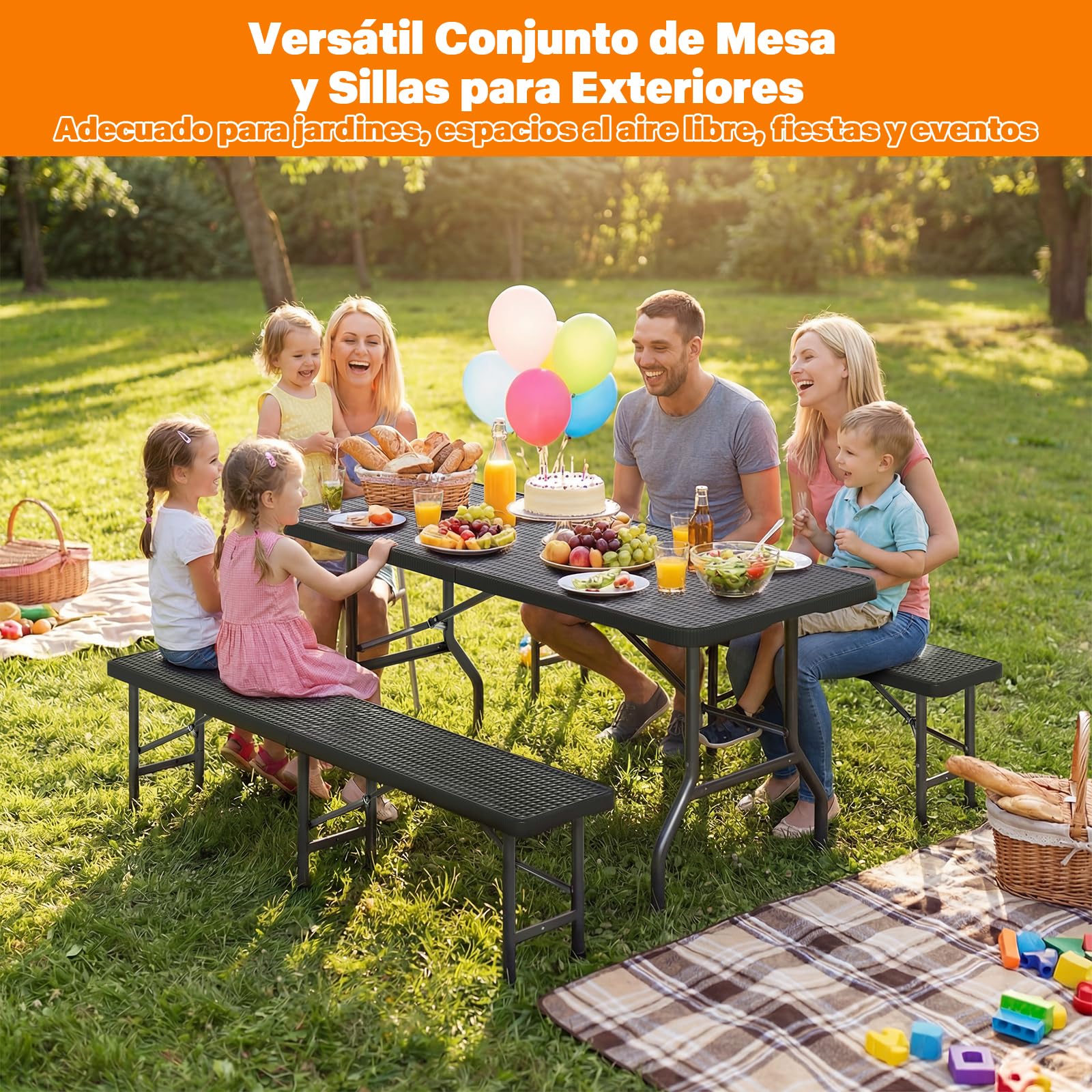 Devoko Juego de mesa y sillas plegables para camping, textura de tejido de ratán, construcción resistente, portátil y fácil de limpiar, se pliega para un almacenamiento compacto, ideal para playa