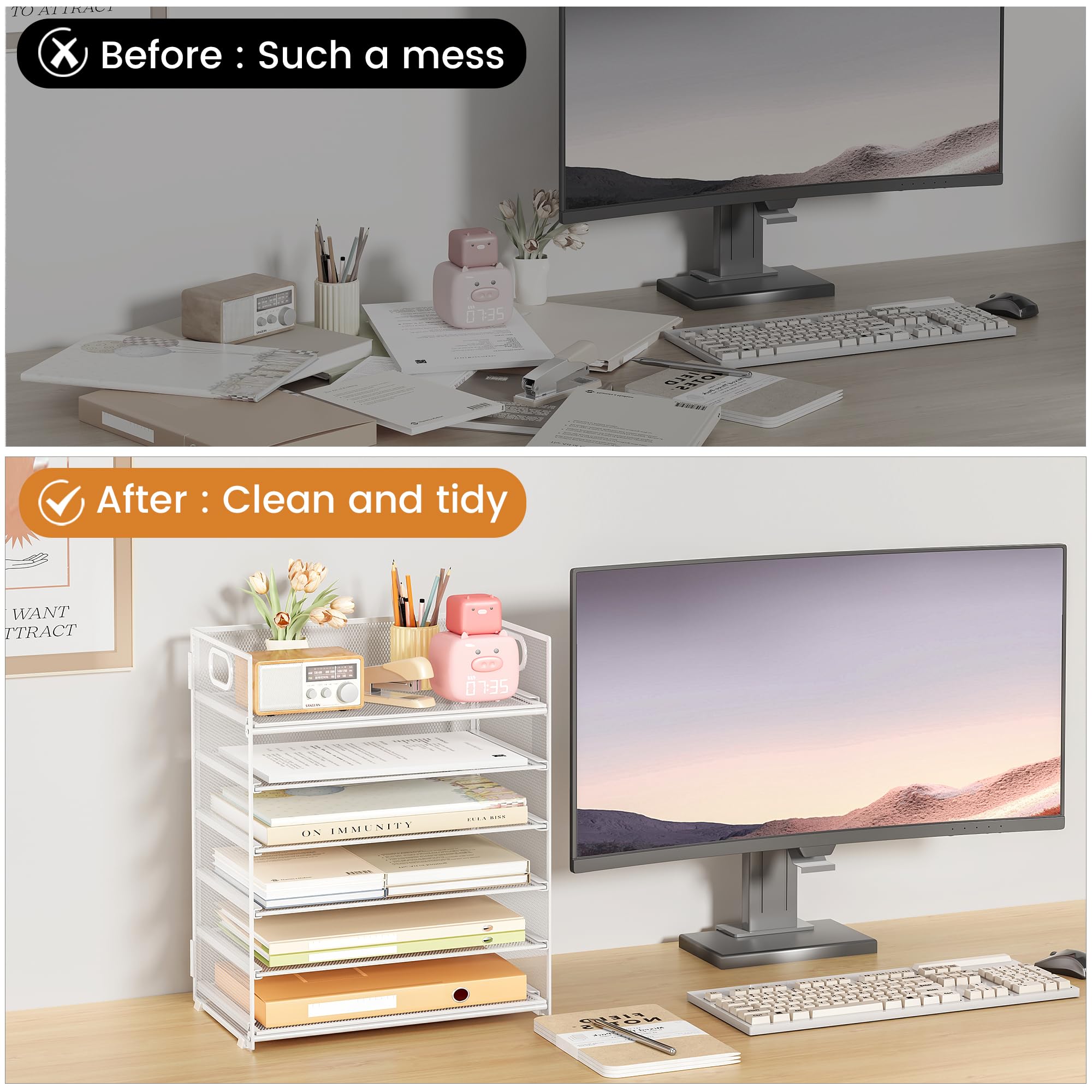 Subekyu Lot de 2 organiseurs de papier de bureau à 6 niveaux, bac à courrier avec poignée, trieur de documents et porte-accessoires pour bureau, maison et école, blanc