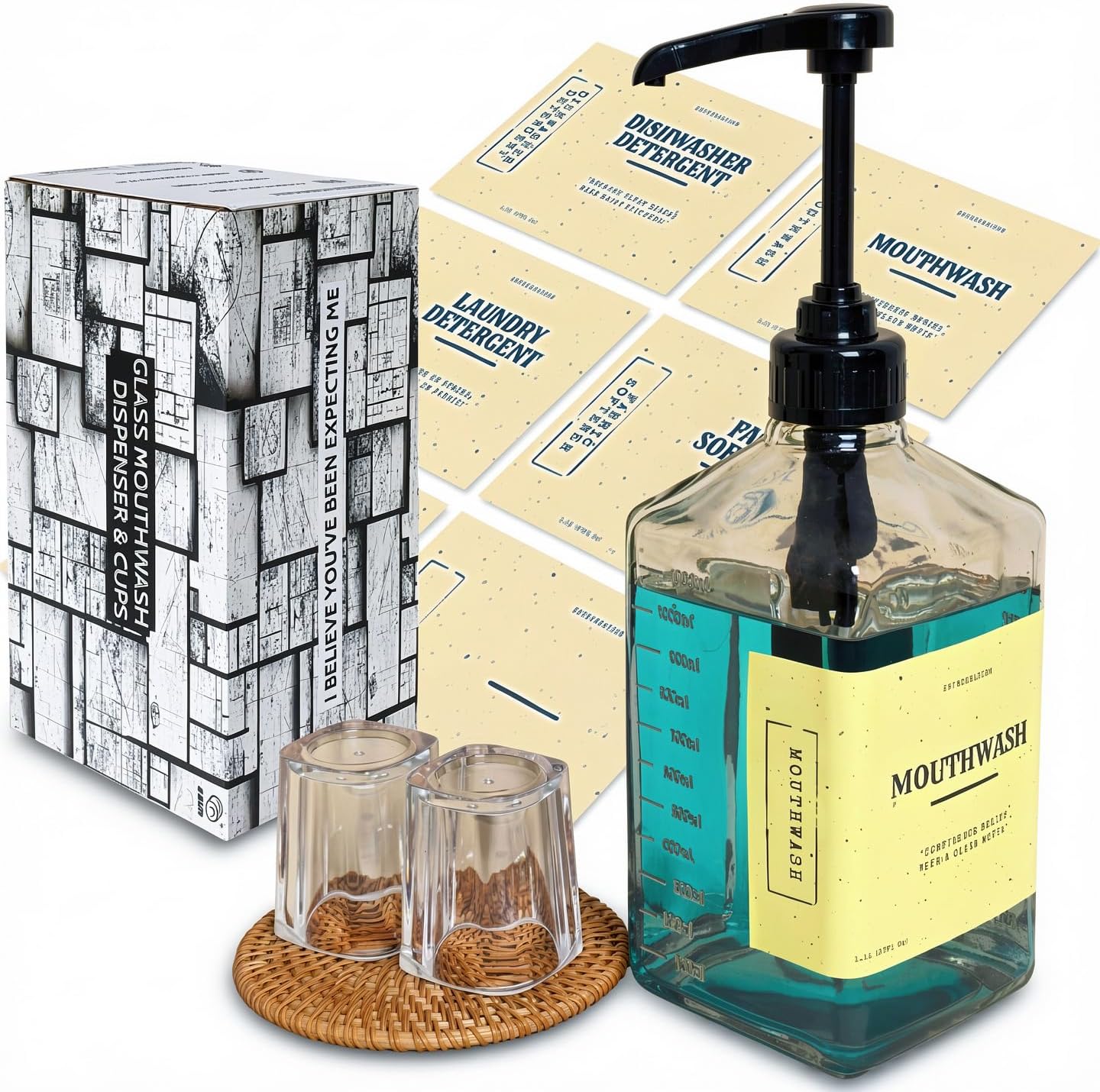 eBun 37oz Glass Mouthwash Dispenser for Bathroom, Mouthwash Dispenser Pump, Mouth Wash Container with Reusable Cup, Mouth Wash Bottle, Countertop Kitchen Sink Dish Liquid Soap Holder Set (Black)