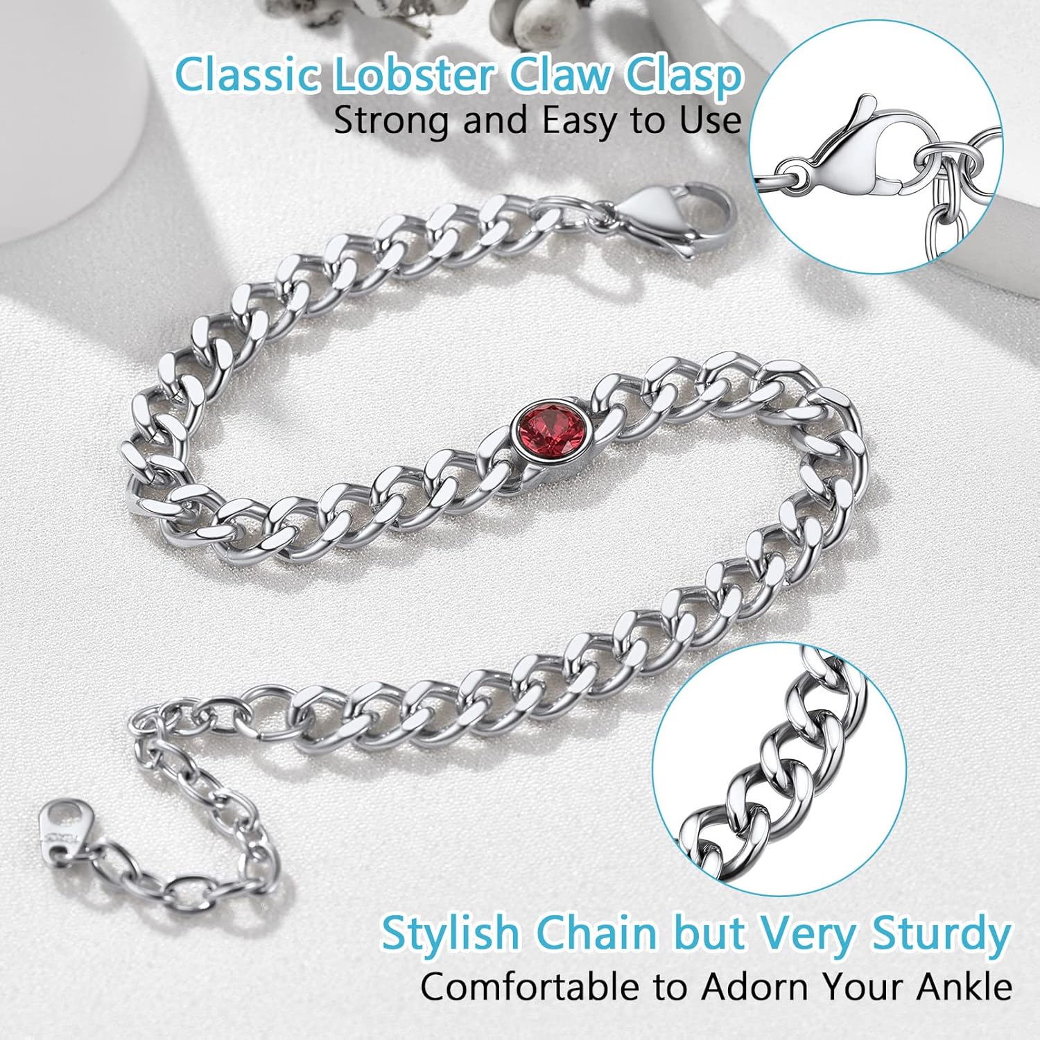 PROSTEEL Womens Cuban Links Chain Anklets with Birthstone Jan - Dec 12 Months Available, Black/18K Gold Plated Stainless Steel Chains, 22cm-27cm Adjustable, Come Box