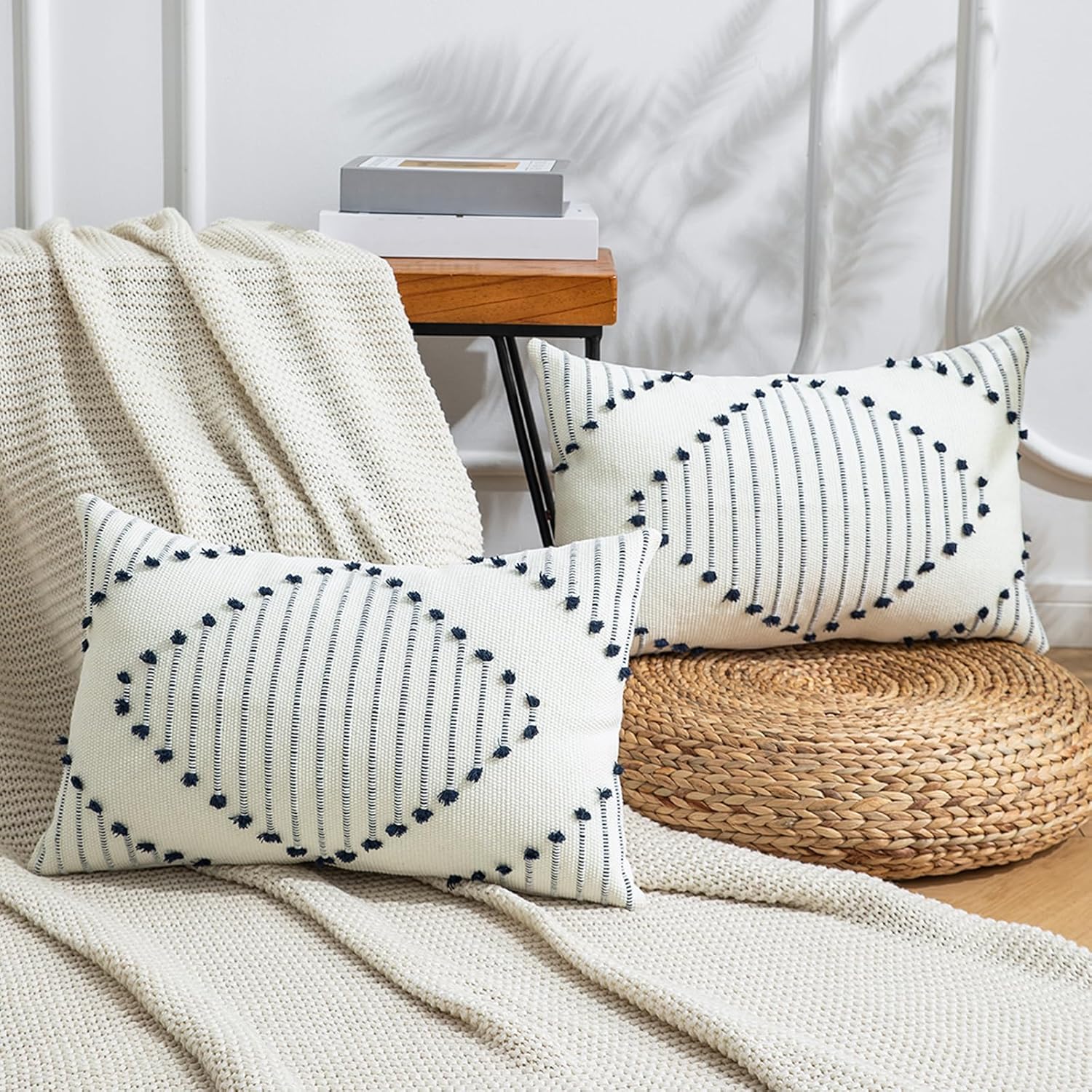 LILEPOY Boho Throw Pillow Covers 12x20 Set of 2 Decorative Pillow Cover Farmhouse Lumbar Pillowcase Modern Soft Textured Pillow Cases Neutral Striped Pillow Covers for Couch Sofa Bed, Navy Blue - Image 4