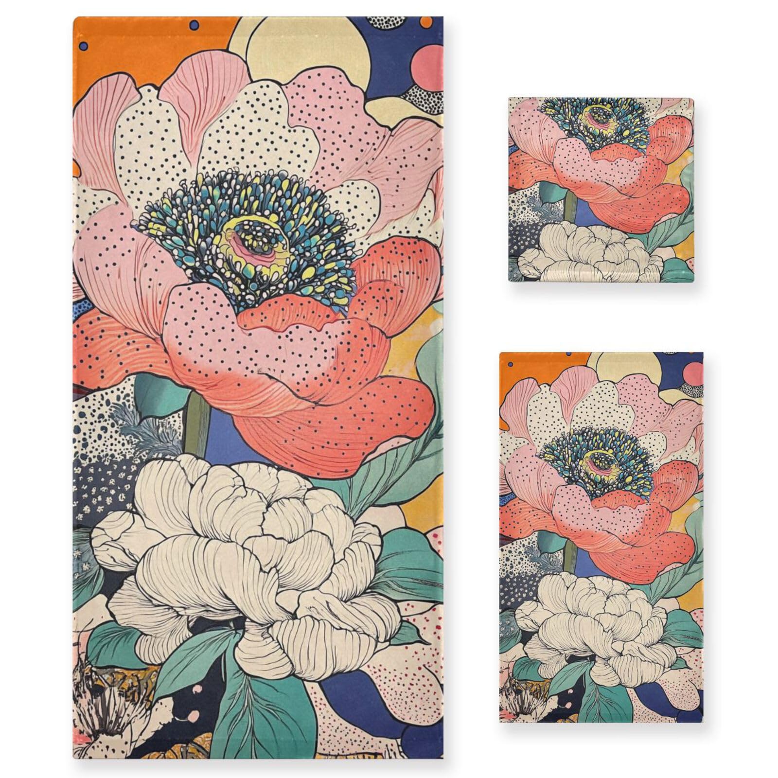 Set di 3 asciugamani colorati con fiori di peonia, 1 asciugamano da bagno, 1 asciugamano per le mani, 1 panno per cucina, bagno, yoga, palestra
