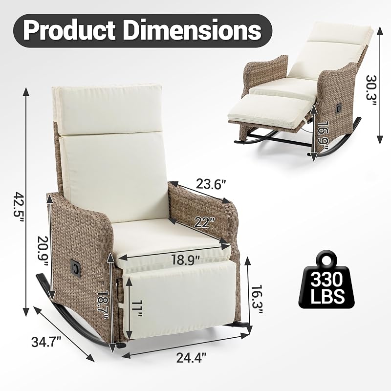 WENTUM Outdoor Recliner Chair for Patio 2-in-1 Convertible Footrest & Rocking Mode, 90-135 Adjustable Backrest, Rattan Wicker with Removable Cushion for Garden, Balcony, Porch, Light Yellow image 3