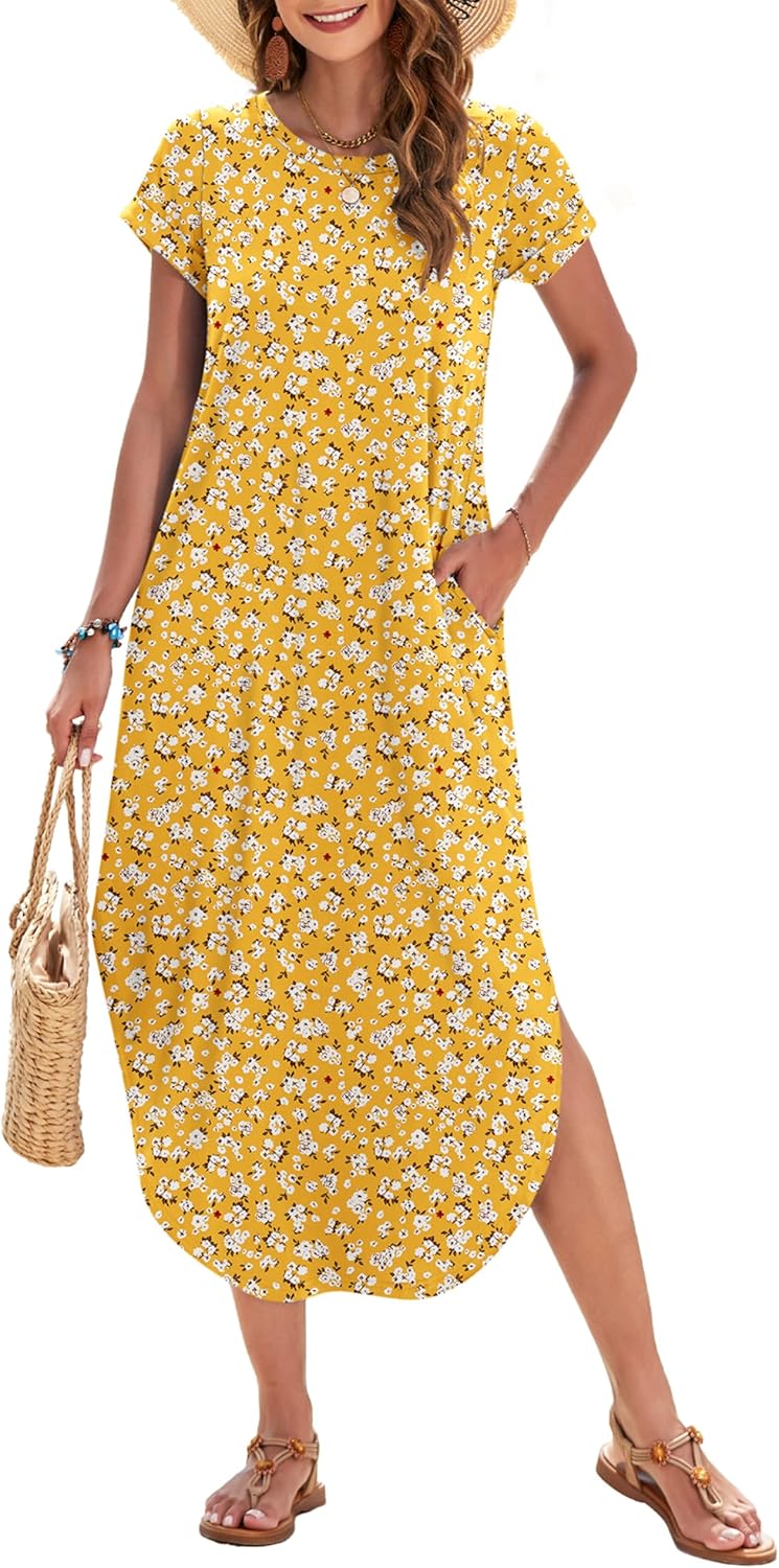 WNEEDU Womens Summer Dresses Casual Loose Short Sleeve Long T Shirt Dress Split Maxi Beach Sundress Travel Vacation Outfits