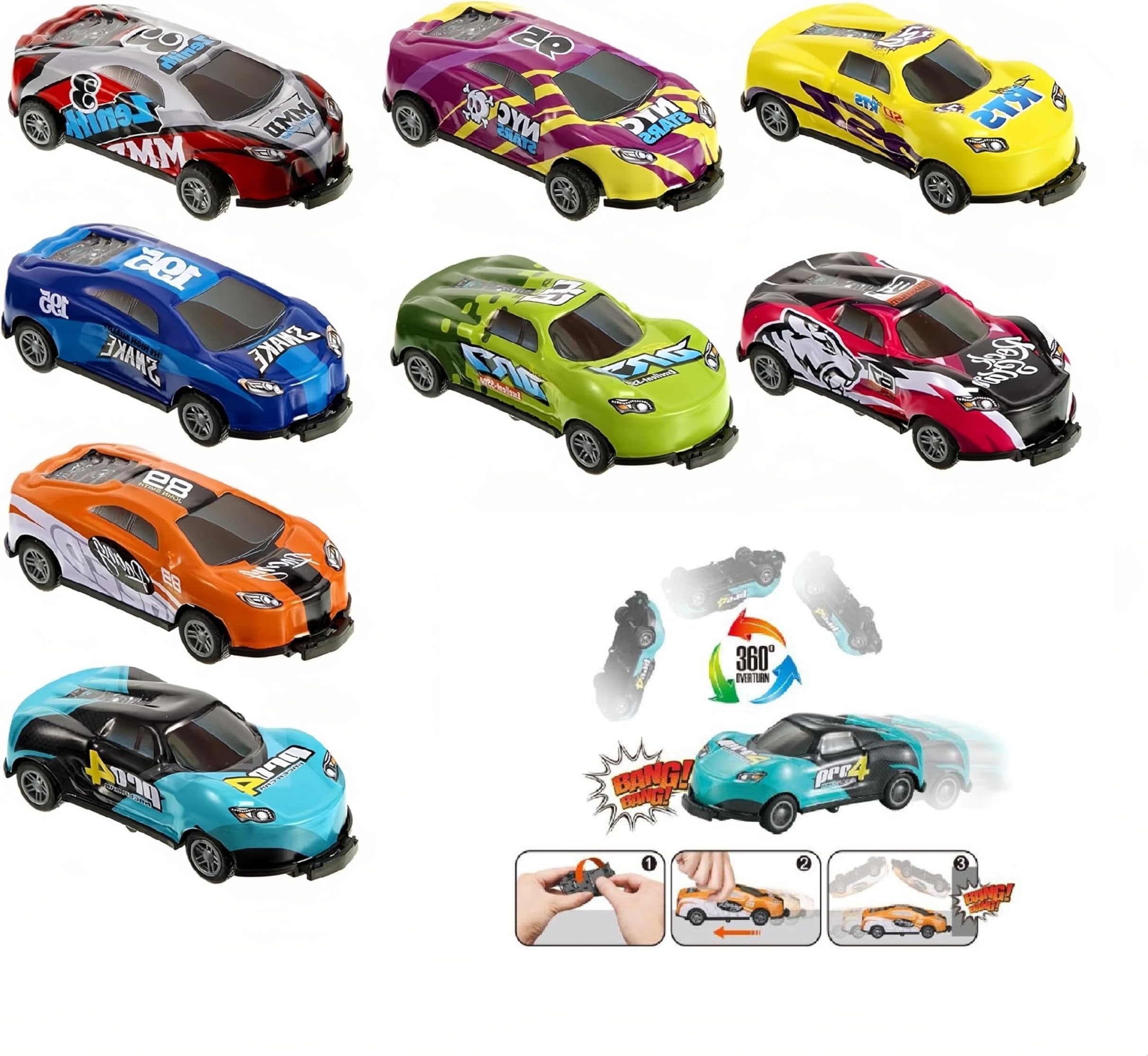 8PCS Pull Back Race Toy Cars, Stunt Flip Cars Jumping Metal Vehicles Diecast Cars for Boys 3-6 | No Batteries Needed | Durable Bounce & Flip Race Car