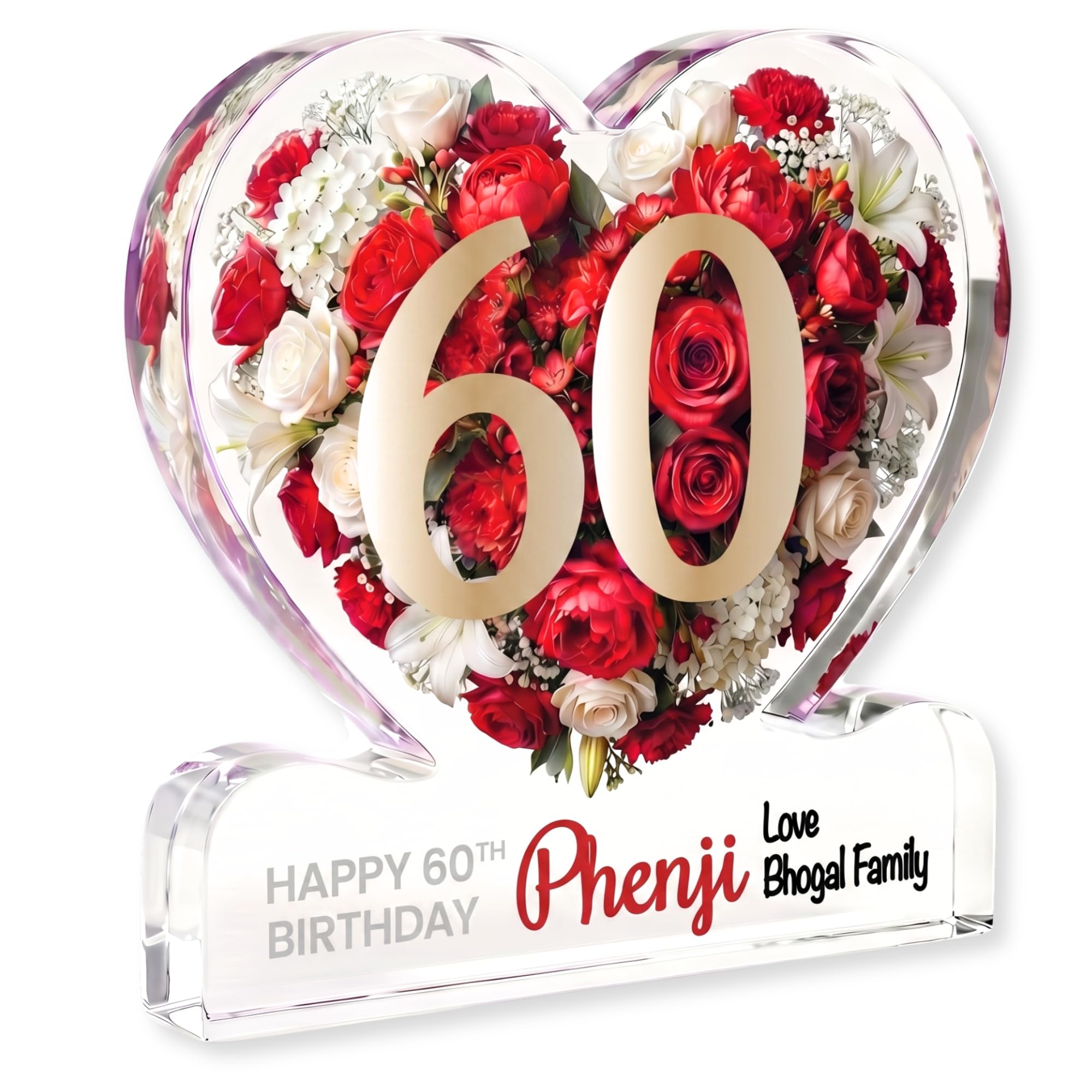 MyKeepsy Personalised 60th Birthday Plaque – Custom Name & Message Heart Acrylic Keepsake, Floral 60 Decoration Gift, 5 Colour Options (Classic Red)