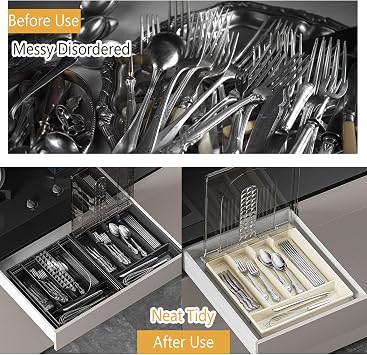 Covered Silverware Organizer for Kitchen Drawer and Countertop, 5-Compartment Cutlery Storage Box for Spoons, Forks, Knives (Black)