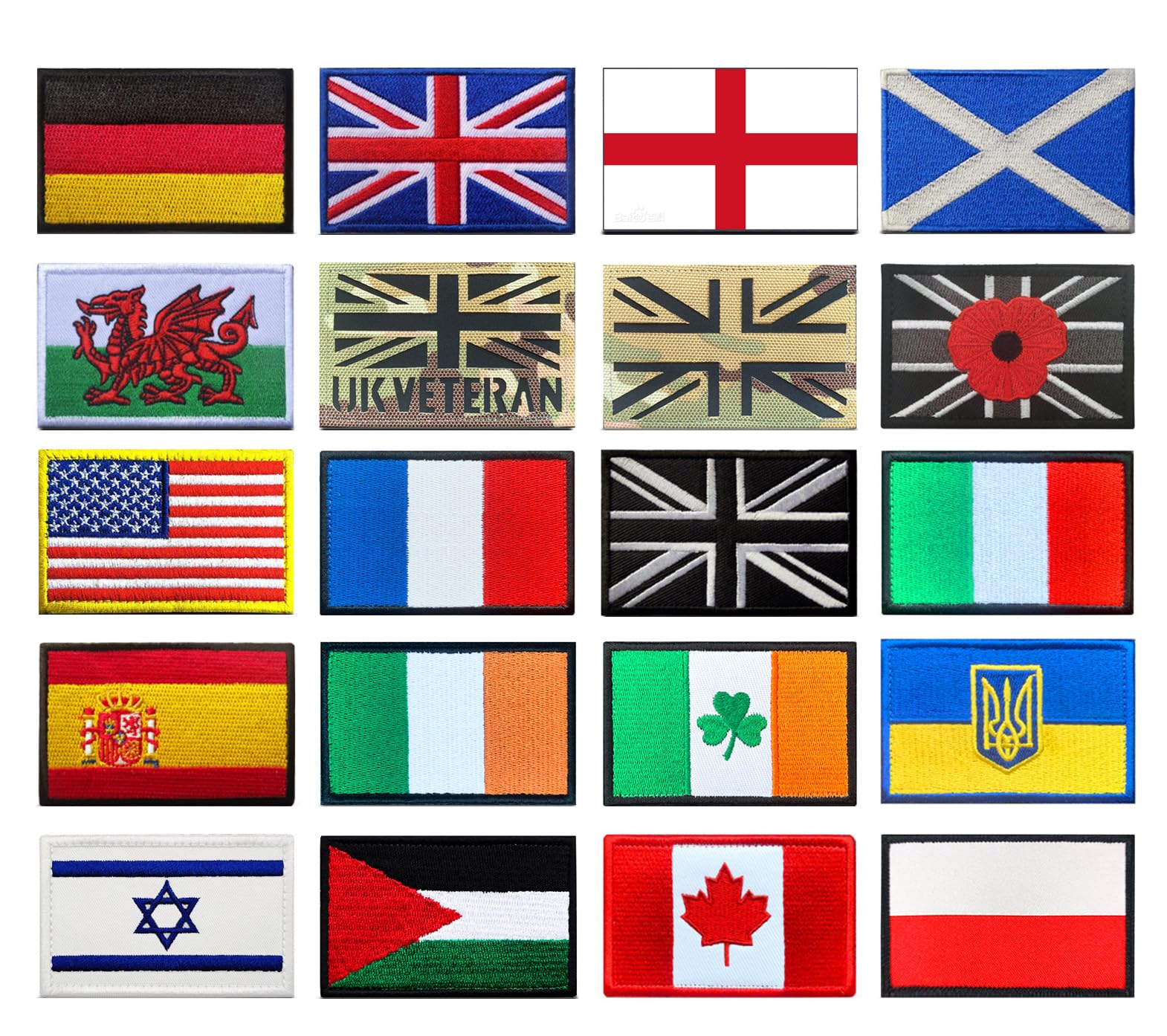 20 PCS Germany,Israel,Canada,Ukraine etc Flag Patches Tactical Embroidered Emblem Applique Hook and Loop Patches for Uniforms,Armband,Pouch,Vest,Hat,Bag,Backpack,Jacket,Clothes,Coat,Pants
