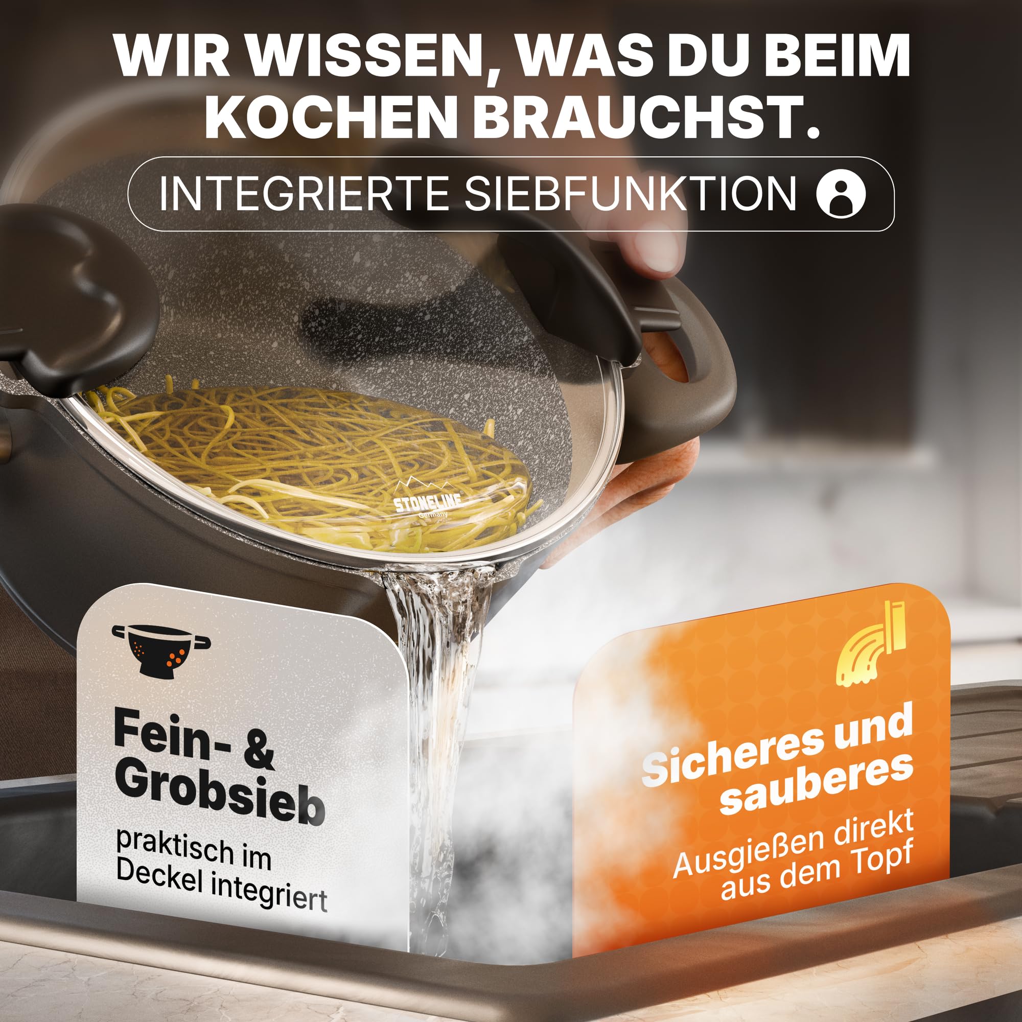 STONELINE Future Topfset Induktion, 8-teiliges Topfset mit Pfanne und Sieb Deckel, Kochtopf Set beschichtet mit echten Steinpartikeln, Aluguss Topf und Pfanne Induktion für alle Herdarten geeignet
