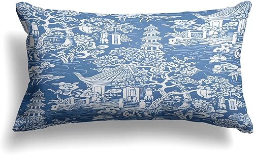 Miniatura 7 de Snycler Chinoiserie - Juego de 2 fundas de almohada azules y blancas para exteriores, fundas de almohada chinas de construcción antigua de algodón,