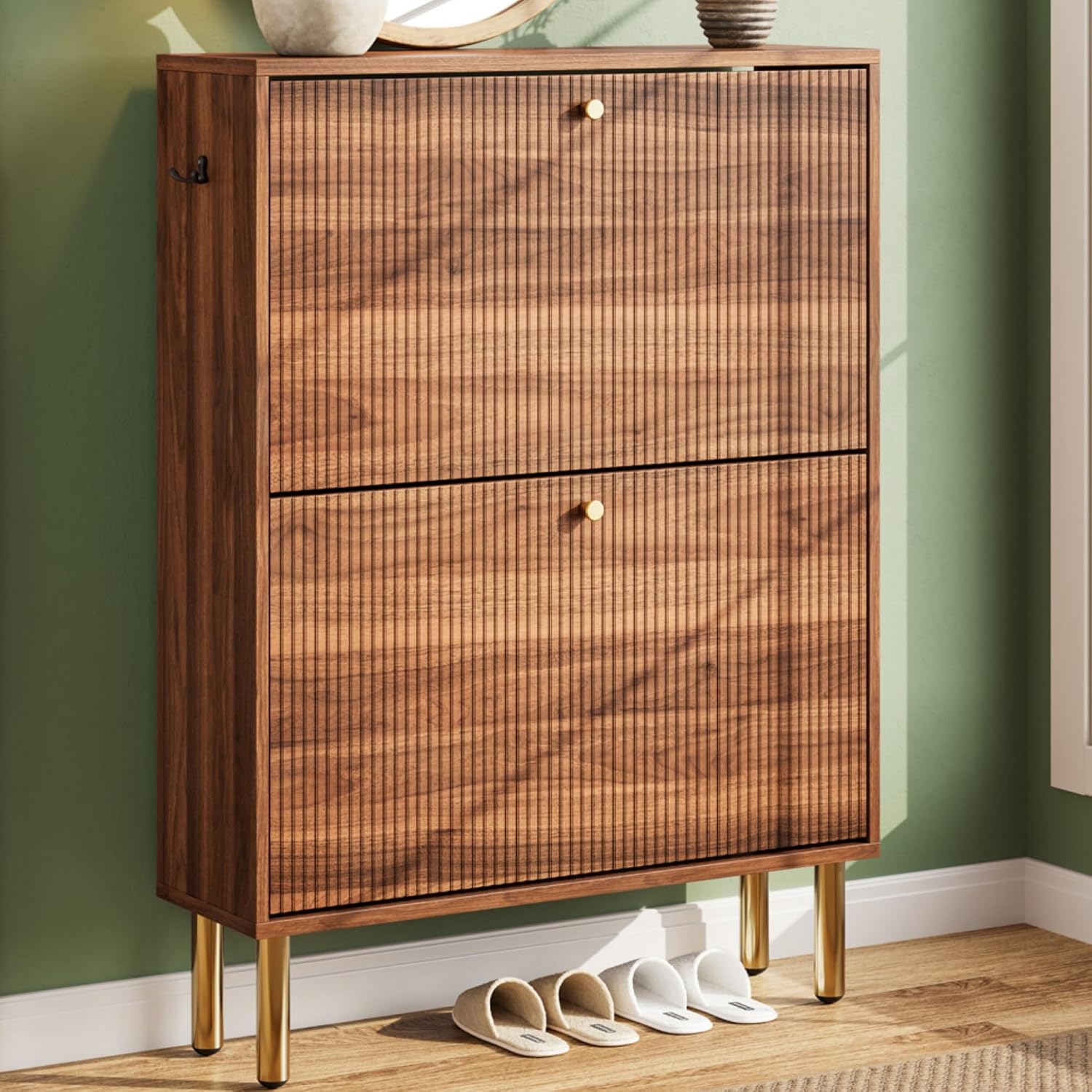 Nicetree Shoe Storage Cabinet for Entryway - 2 Flip Drawers Shoe Cabinet with Tiered Fluted Design - Slim Shoe Storage Rack with Gold Legs - Narrow Shoe Cabinet Hidden Shoe Organizer for Small Spaces