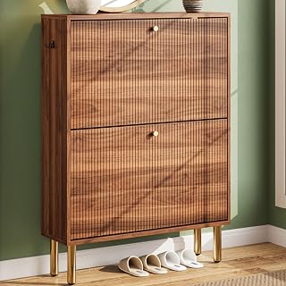 Nicetree Shoe Storage Cabinet for Entryway - 2 Flip Drawers Shoe Cabinet with Tiered Fluted Design - Slim Shoe Storage Rack with Gold Legs - Narrow Shoe Cabinet Hidden Shoe Organizer for Small Spaces