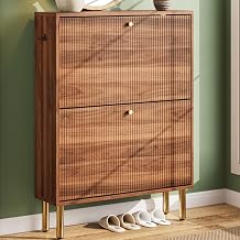 Nicetree Shoe Storage Cabinet for Entryway - 2 Flip Drawers Shoe Cabinet with Tiered Fluted Design - Slim Shoe Storage Rack with Gold Legs - Narrow Shoe Cabinet Hidden Shoe Organizer for Small Spaces