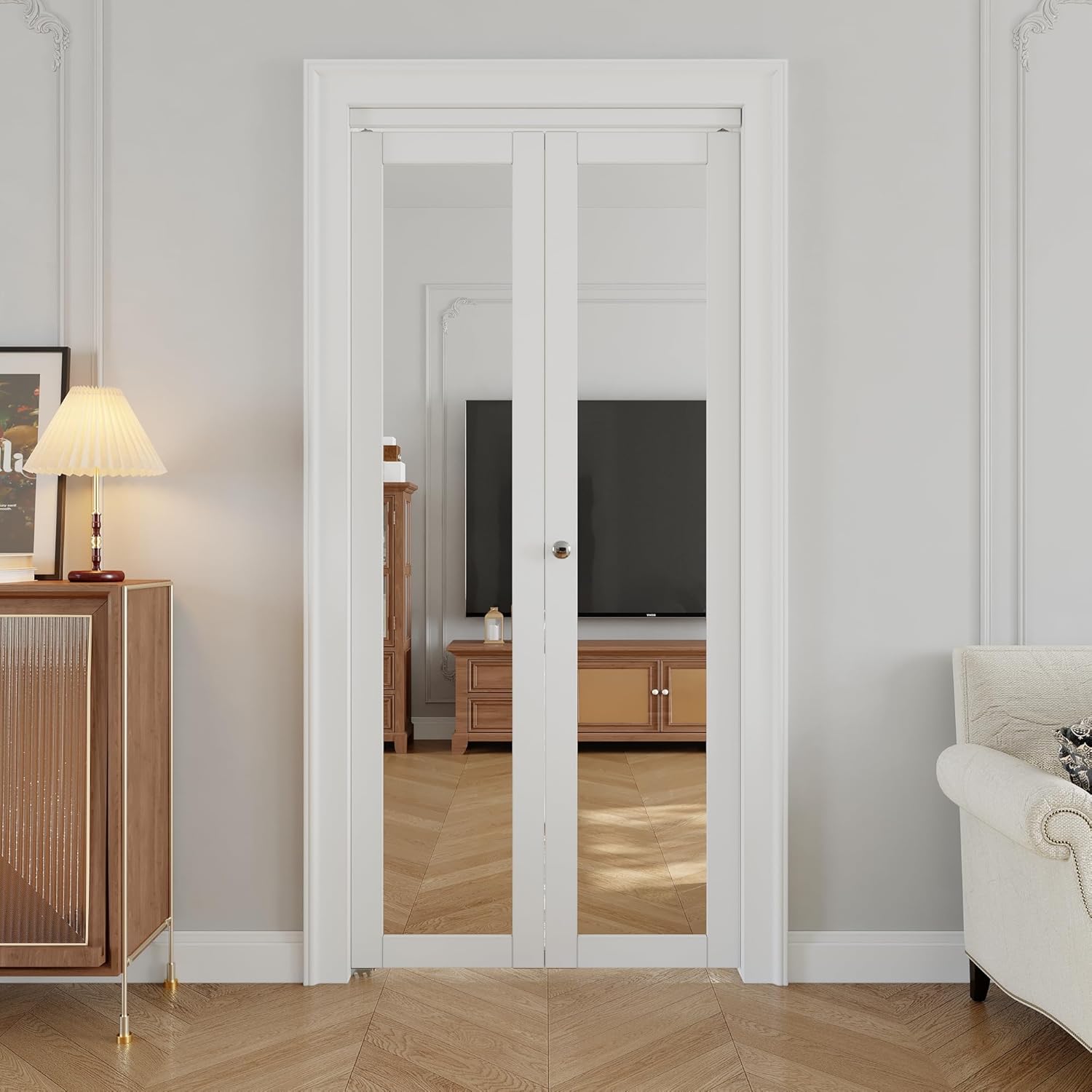 Bifold Doors for 36"x 80" Opening, 1-Lite One Side HD Mirror Bifold Closet Doors wit Hardware Kit, Pre-Assembled CARB P2 MDF Panel for Pantry/Laundry/Closet with PVC Surface, White