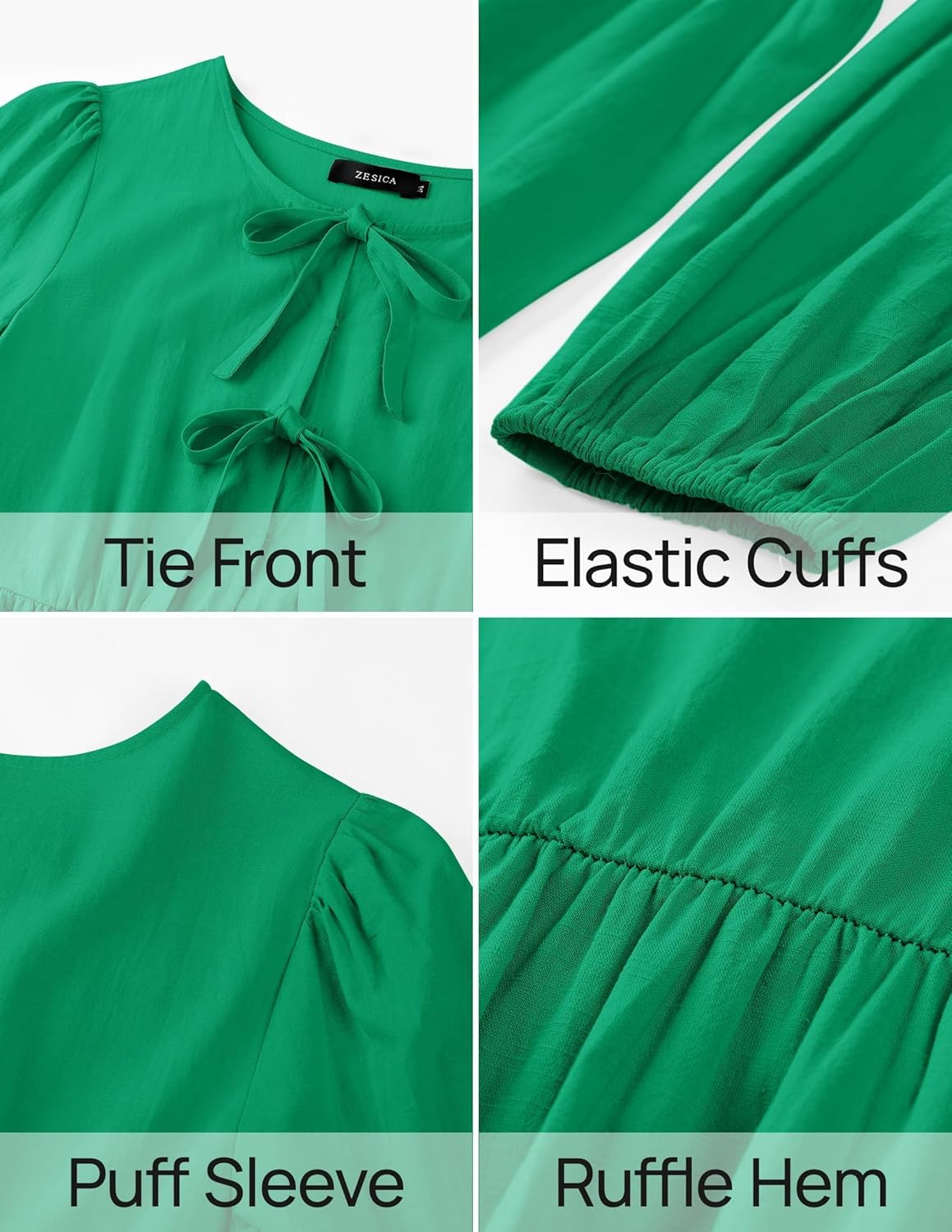 ZESICA Women's Dress Fall Long Puff Sleeve Self Tie Front Babydoll A Line Pleated Cute Mini Tunic Dresses 2026 - Image 6