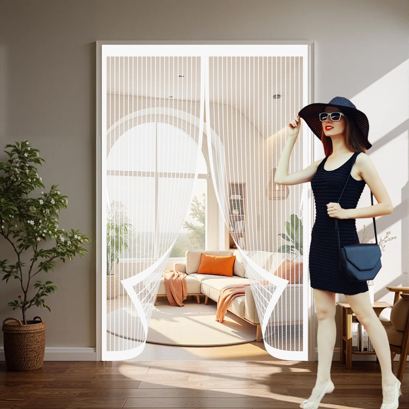 Fly Nets for Doors 198 x 198 cm with Powerful Magnets & Full Frame Magic Tape No Gap, Lets Fresh Air in, Keep Bugs Out Thermal Insulated Door Curtain for Patio Doors Bedroom, White