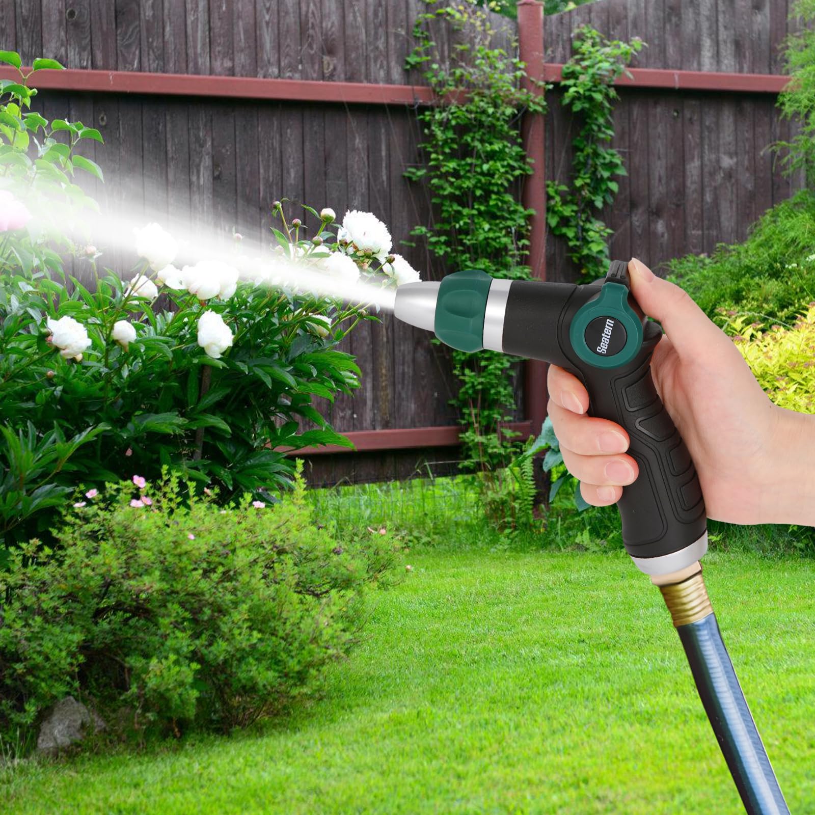 Pulverizador de boquilla de manguera de alta presión, rociador de boquilla de manguera de agua de metal resistente con control de pulgar, chorro ajustable para lavado de coches, limpieza de