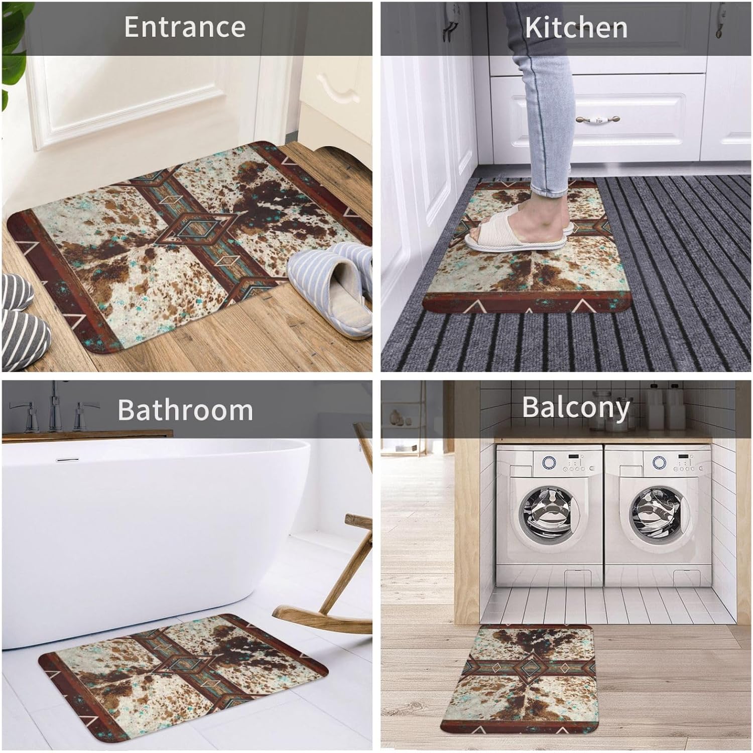 Bath Mat Cowhide Print Western Quick Dry Bathroom Rugs Non Slip Absorbent Shower Flannel Rug Floor Mat for Bathroom,Bathtub,Sink,Bedroom,16"X24"