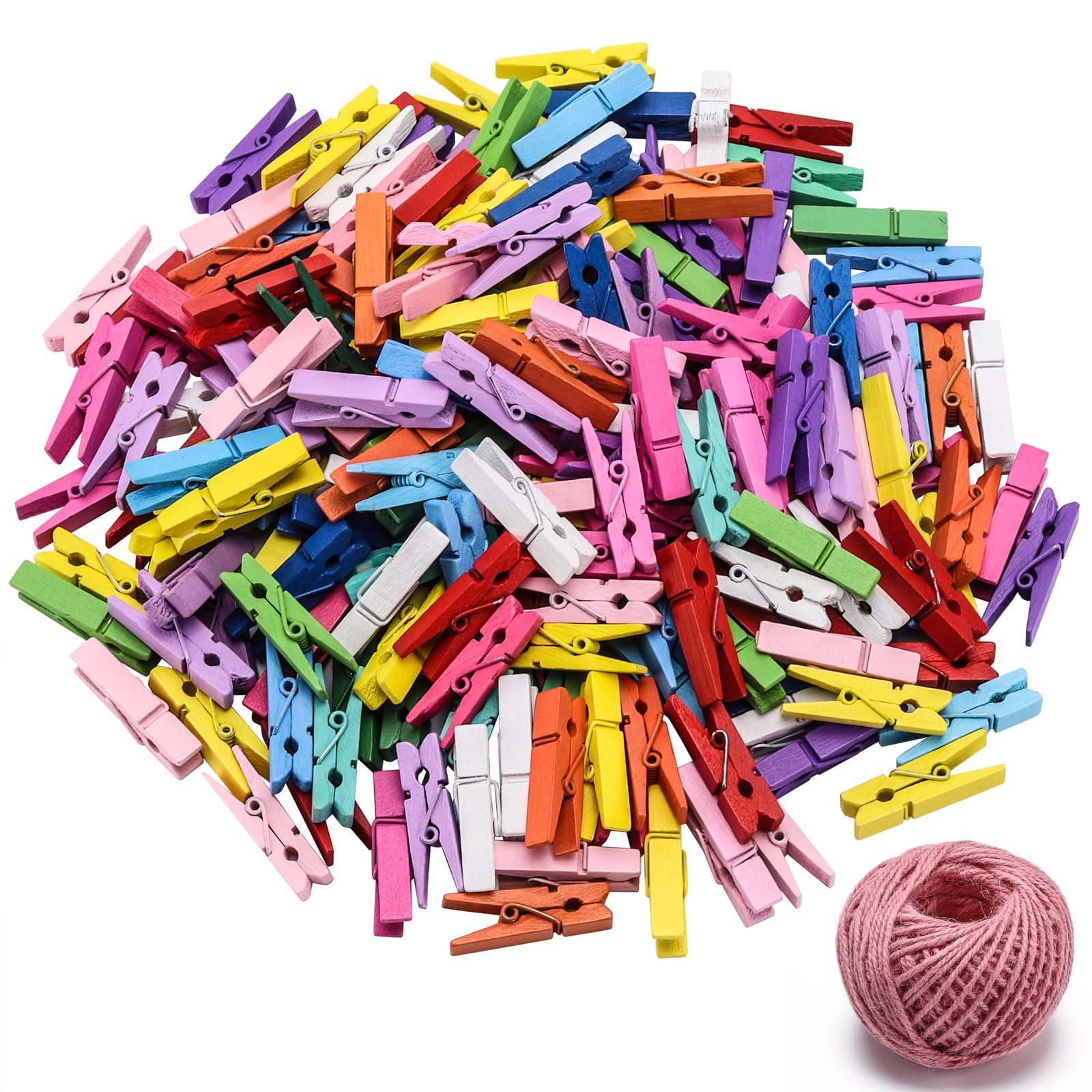 200Pcs Mini Clothes Pins Kit, 3.5cm Little Craft Photo Clips, 164 Feet Jute Twine (Mixed Color)
