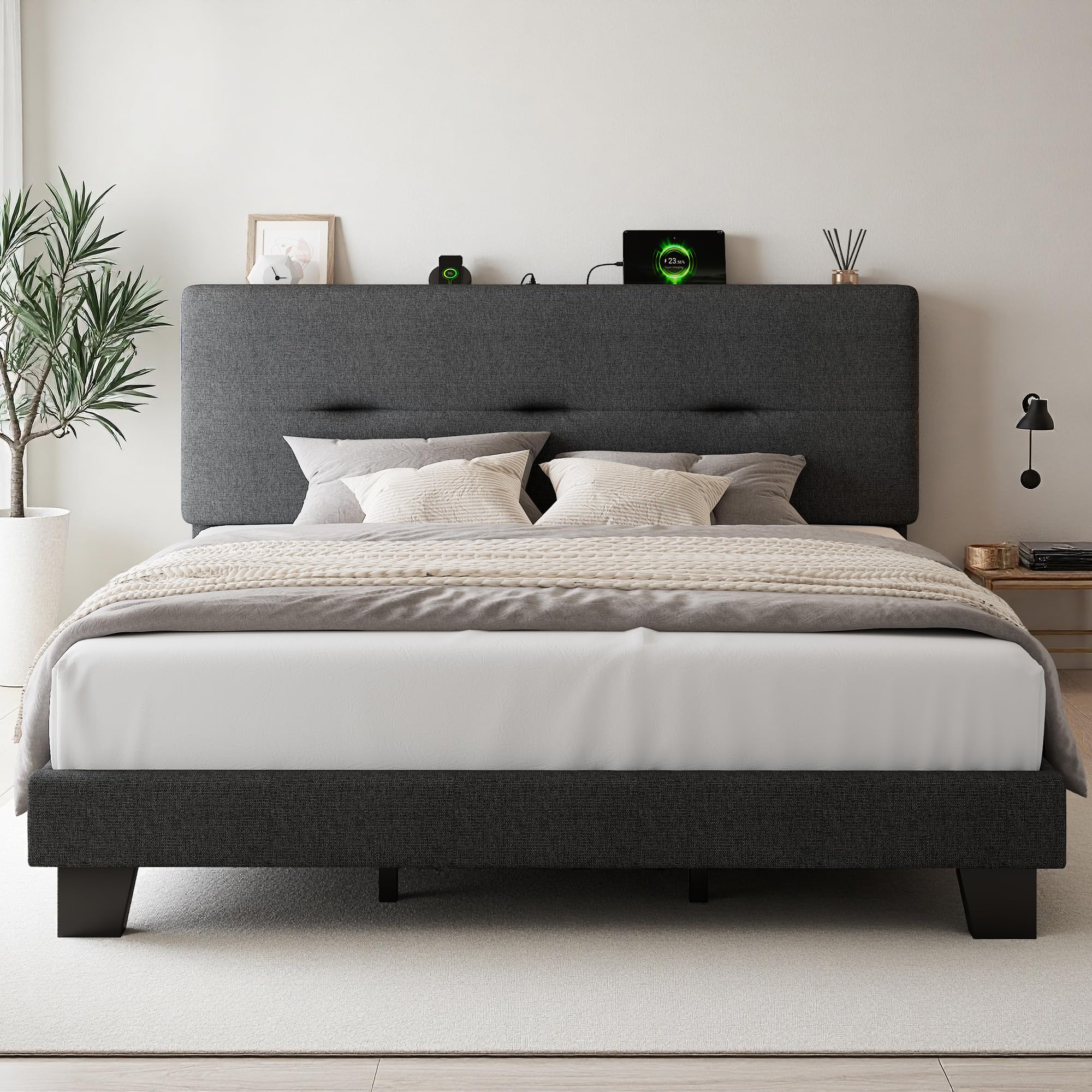 FEONASE 6ft Super King Bed Frame with Charging Station, Linen Upholstered Platform kingsize Bed Frame with Storage Headboard, Sturdy Wooden Slat Support, Noise Free, Easy Assembly, Dark gray โ image 1