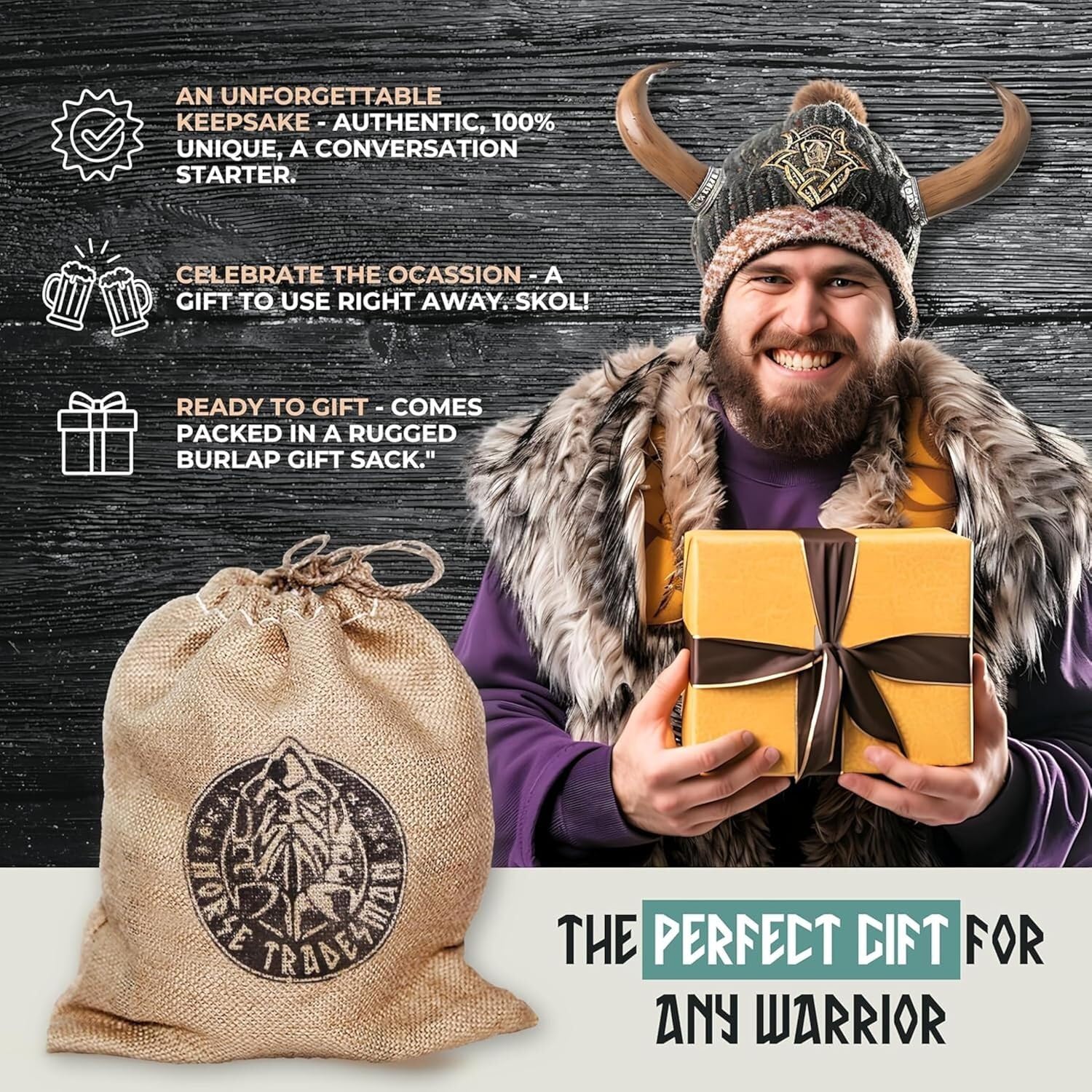 Norse Tradesman Corne de boeuf véritable Viking avec support en corne et ornements de loup en laiton | Sac cadeau en toile de jute inclus | The Jarl, Poli, 30 cm