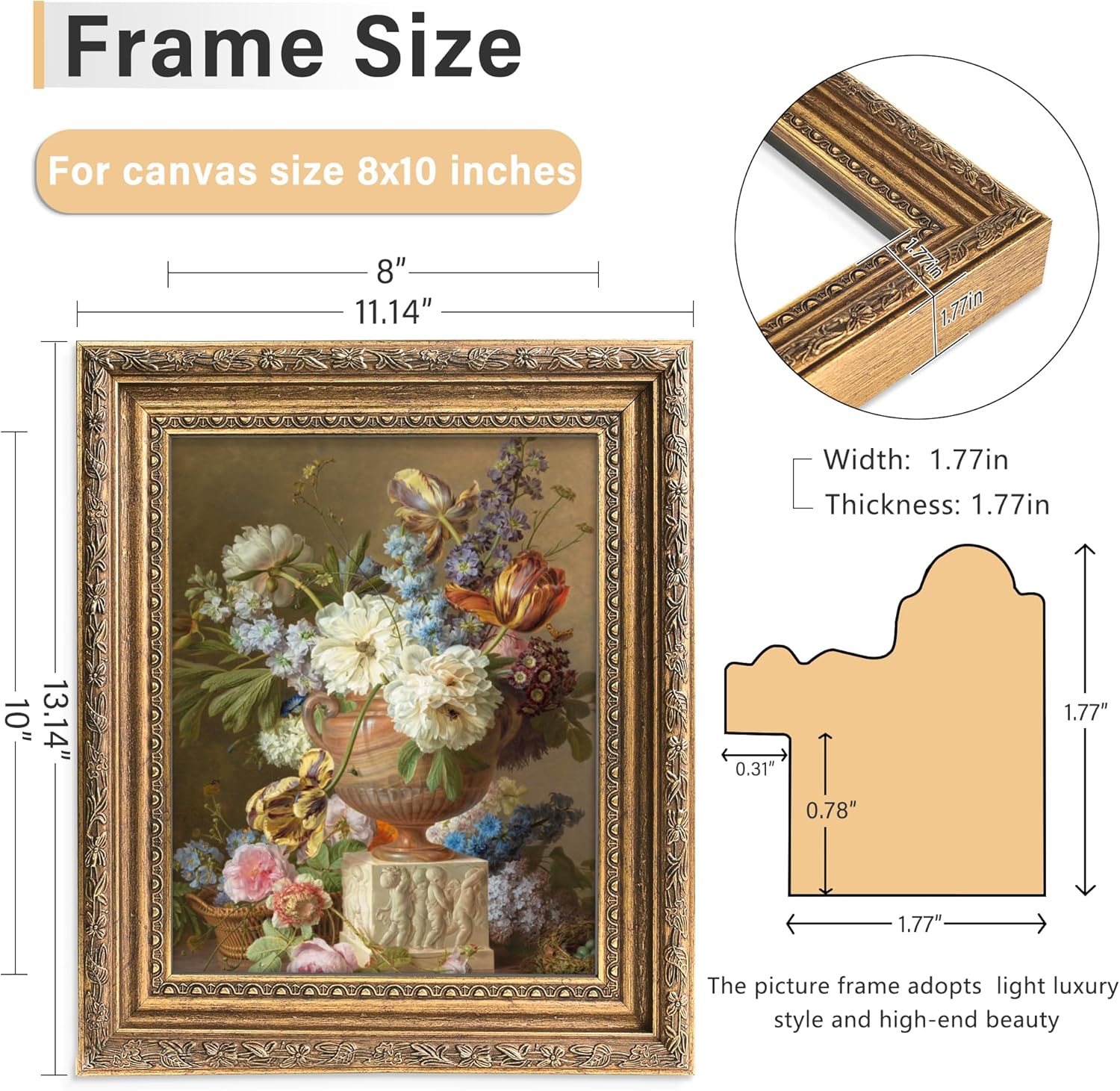 Abtgt 8x10 Canvas Floating Frame, Depth 2cm, Matte Gold Antique Ornate Canvas Frame for Oil Painting Art Prints, Vertical or Horizontal Wall Display, 1 Pack