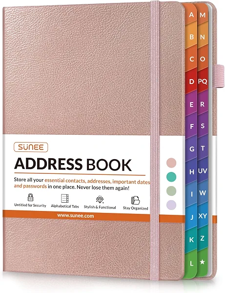SUNEE Address Book with Colorful Alphabetical Tabs, Address Notebook Organizer for Record Contacts, 5.3'' x 7.7''- Rose Gold