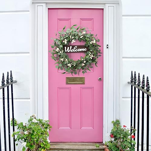 Miniatura 7 de Coronas de verano para puerta delantera, coronas de eucalipto verde de 20 pulgadas con bayas blancas y letrero de bienvenida, corona de vegetación