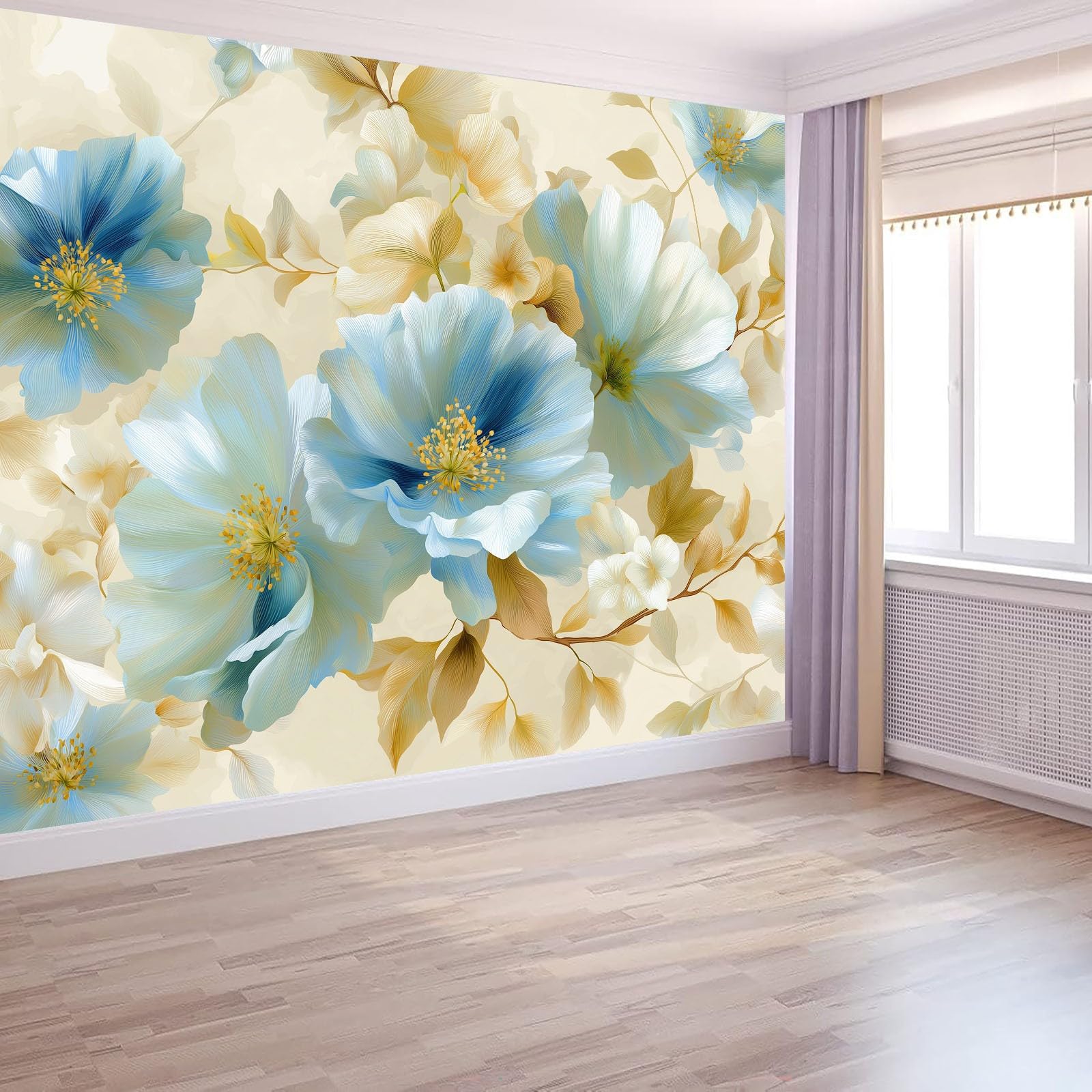 Générique Panoramiczna tapeta akwarelowa kwiaty rośliny liście jasnoniebieska, tapeta z włókniny 3D, do pokoju dziecięcego i salonu, dekoracja ścienna XXL 350 x 256 cm