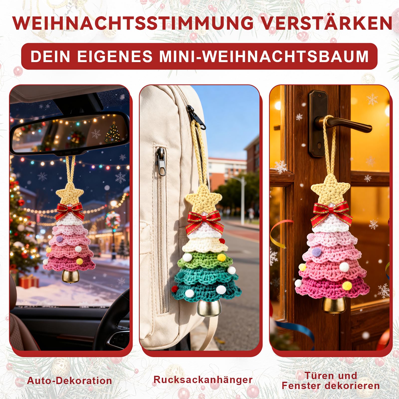Pendenti A Campanella Di Natale In Lana - 2 Pezzi, Mini Albero 10 Cm, Per Auto, Albero E Decorazioni