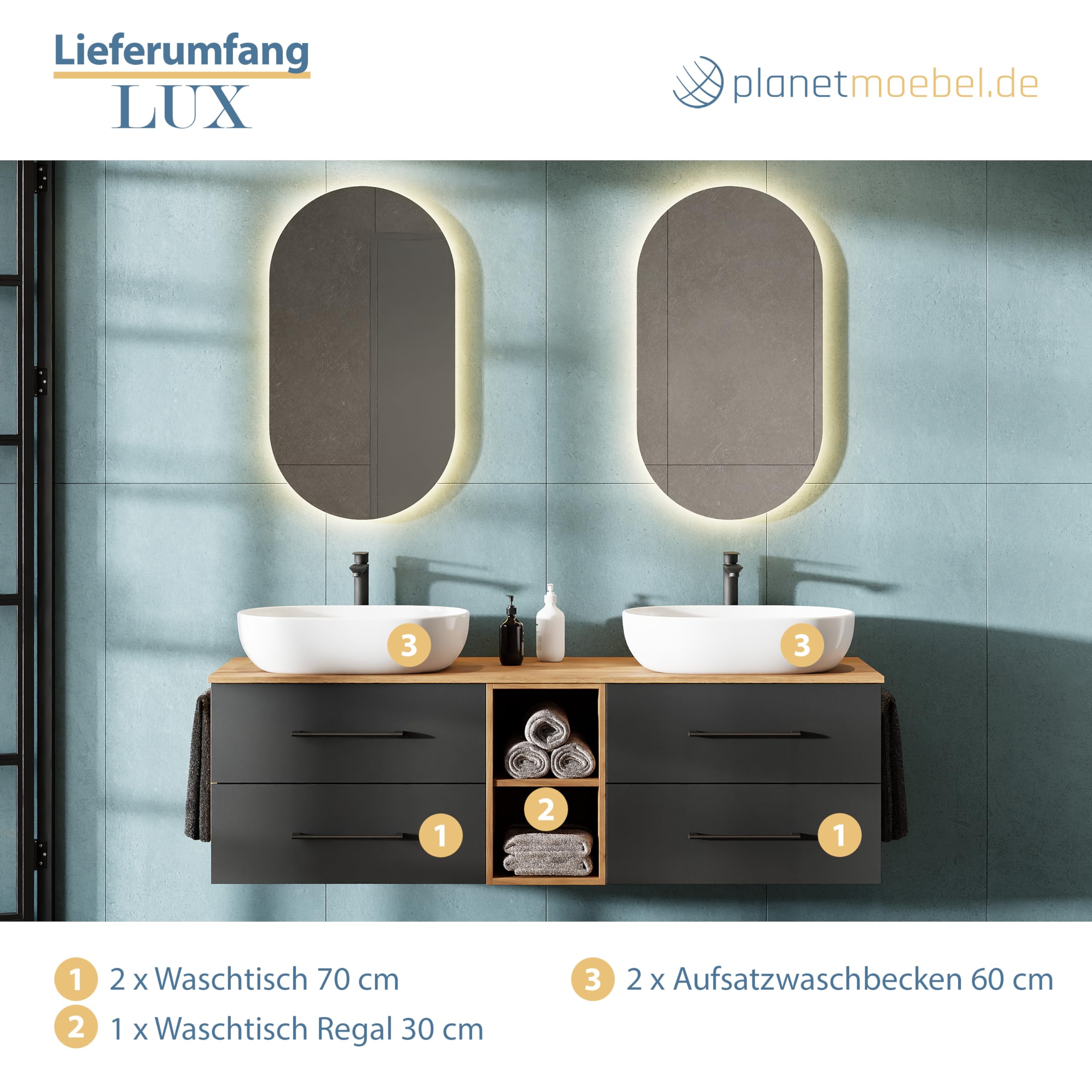 Planetmöbel Lux Set di mobili da bagno con lavabo sospeso da 170 cm e 2 lavabi da appoggio da 60 cm di colore bianco, mobili in rovere dorato/antracite