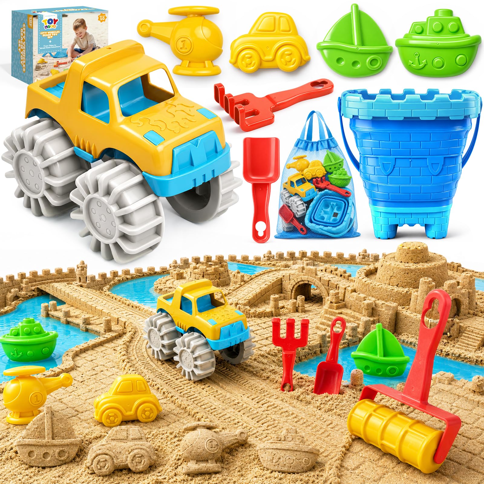 TOY Life Sandspielzeug-Set für Kinder, mit faltbarem Eimer, Transportformen, Auto, Straßenwalze, 2 Schaufeln, Netztasche